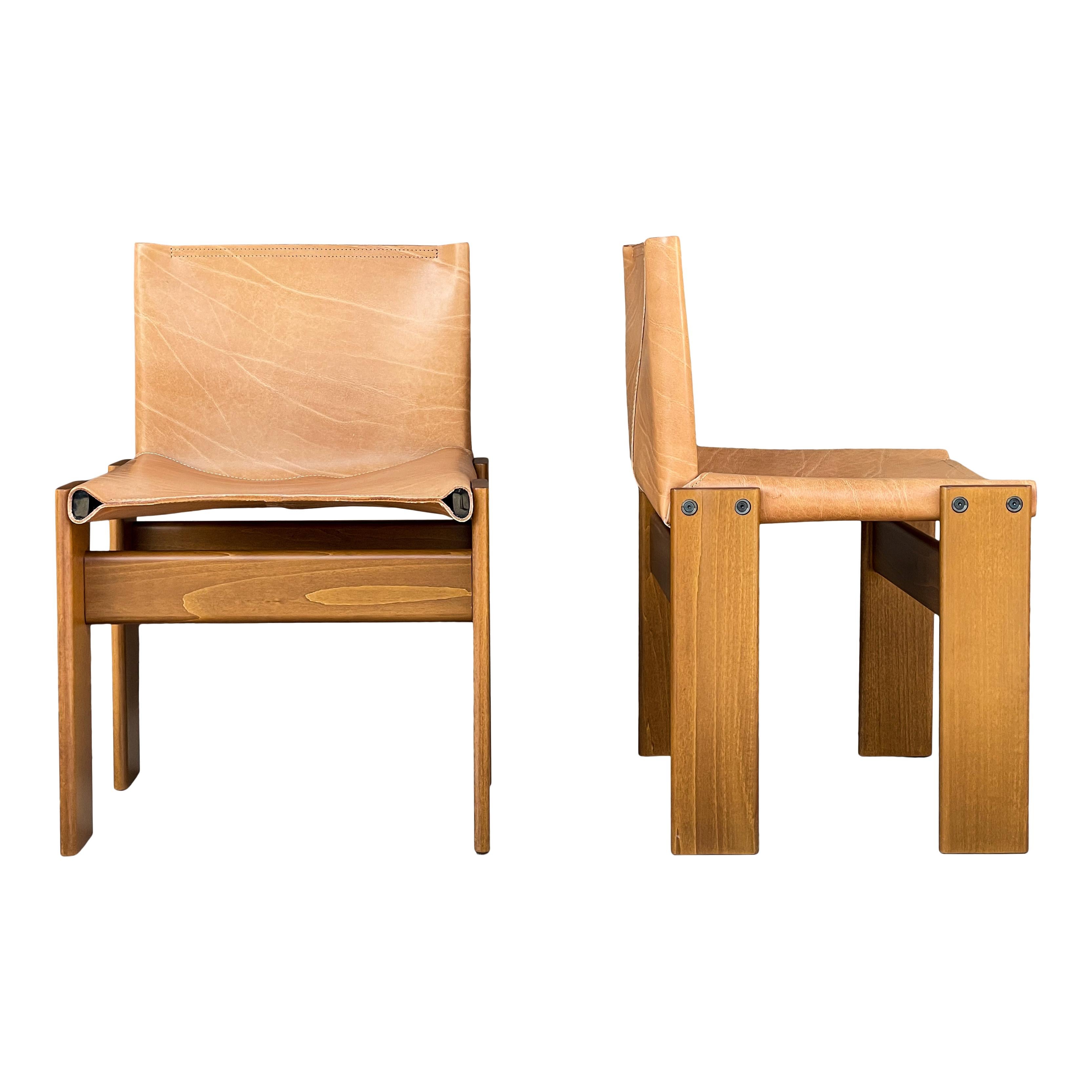 Afra & Tobia Scarpa Cognac Leather Monk Dining Chair for Molteni, 1973, Set of 4 For Sale 2