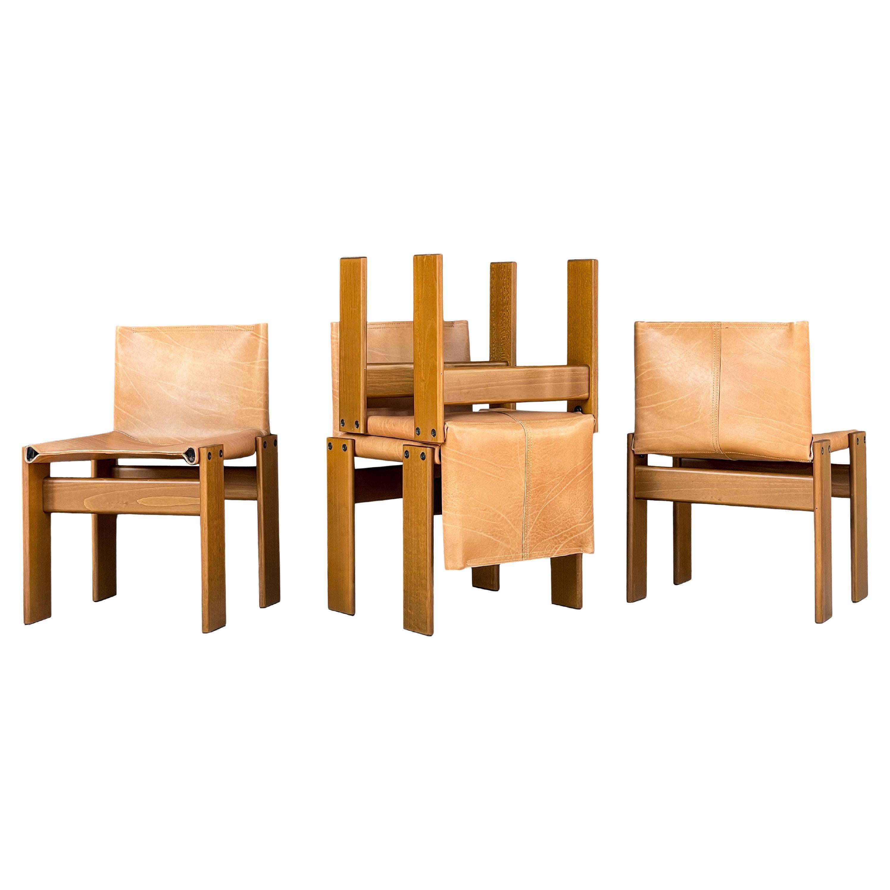 Afra & Tobia Scarpa Cognac Leather Monk Dining Chair for Molteni, 1973, Set of 4 For Sale