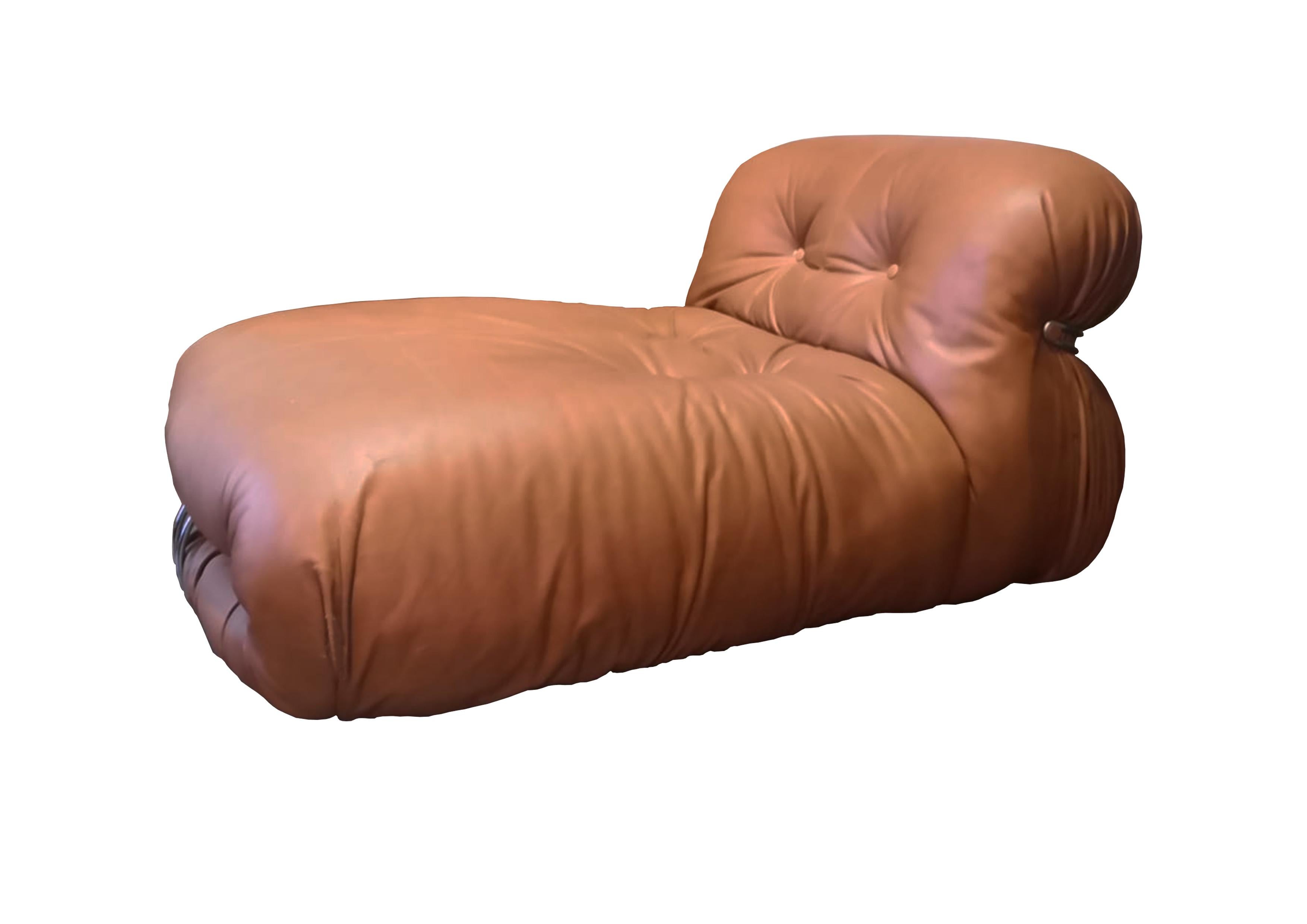 Italian Afra & Tobia Scarpa Cognac Leather Soriana Chaise Lounge for Cassina, Set of 2 For Sale