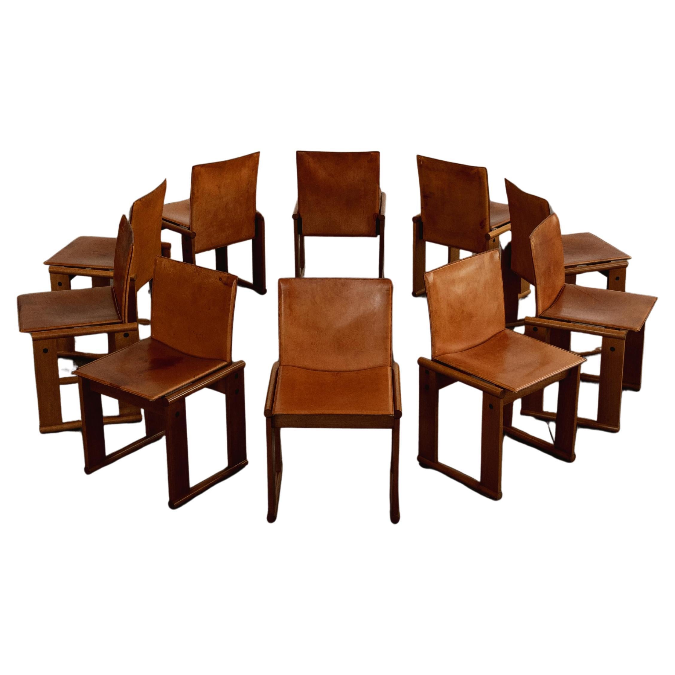 Afra & Tobia Scarpa Dining Chairs for Molteni, Cognac Leather, 1974, Set of 10 For Sale