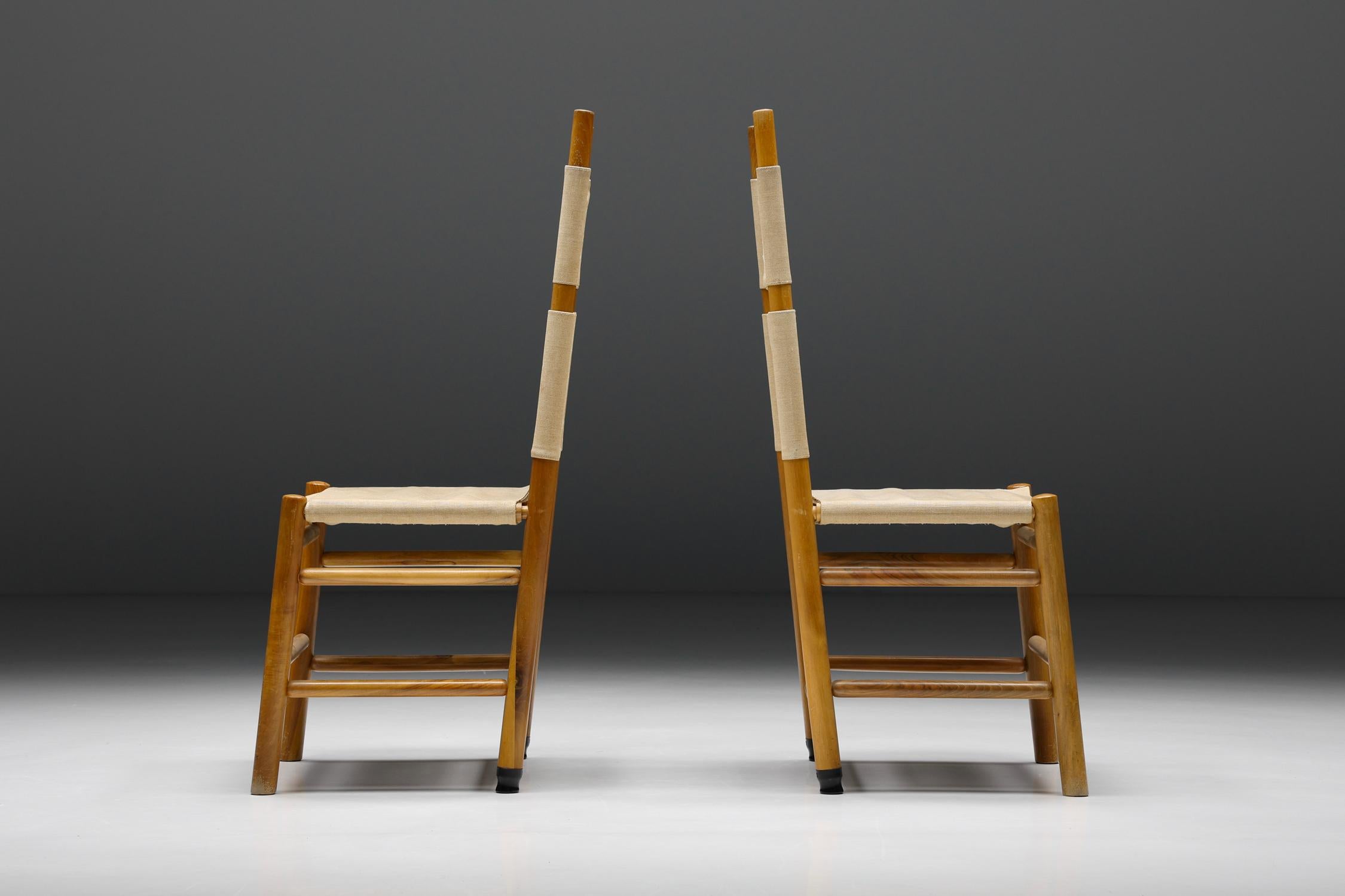 Scarpa; Afra & Tobia Scarpa; dining chairs; mid-century; Italian Modern; Italian Design; Italy, 1970s; Wood; Fabric;

With their rectangular frames and the two-piece fabric backrest, this set of dining chairs by Afra & Tobia Scarpa shows the true