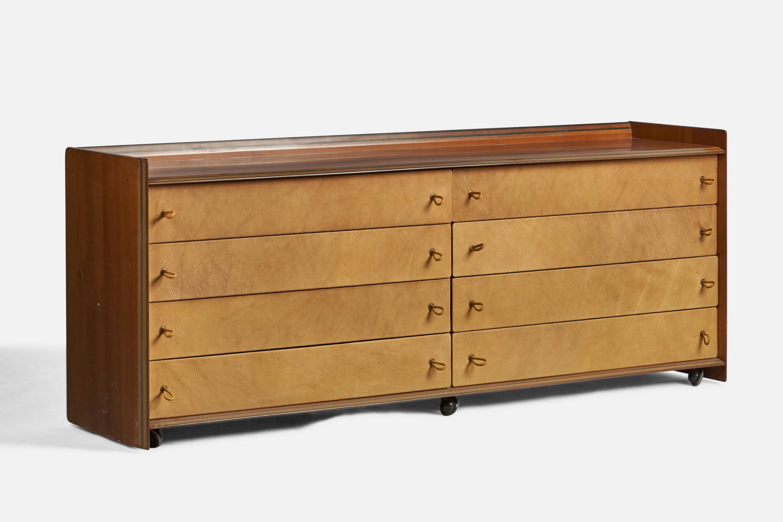 A laminated walnut, leather and brass dresser designed by Afra & Tobia Scarpa and produced by Maxalto, Italy, 1970s.