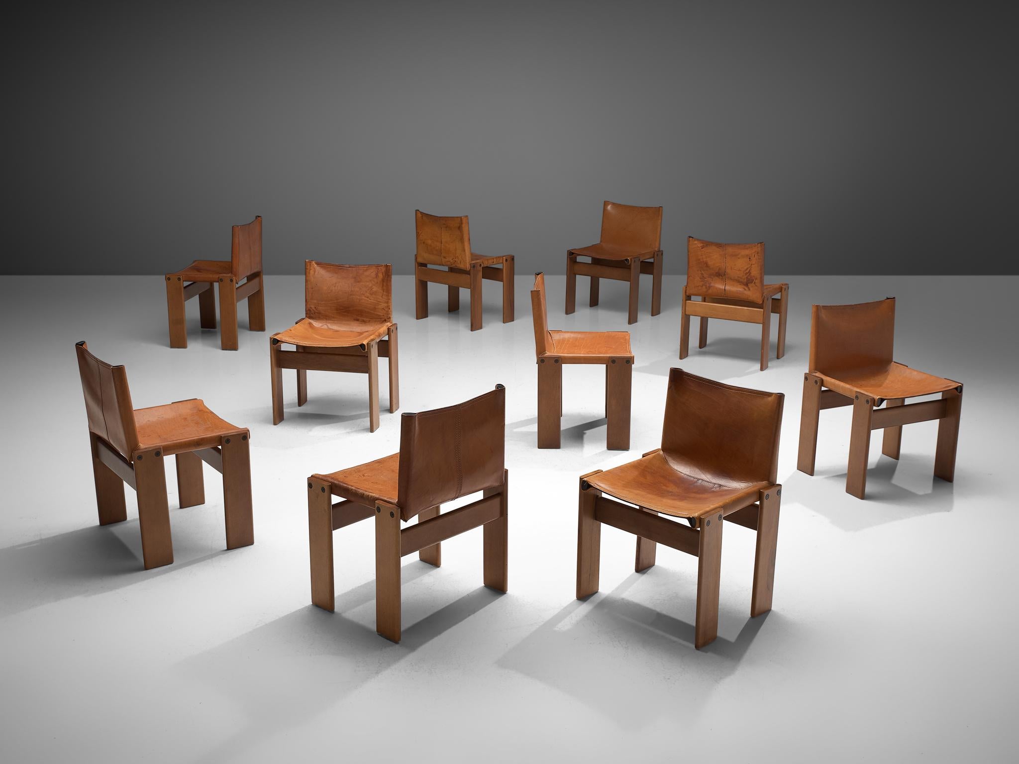 Italian Afra & Tobia Scarpa Eight Monk Chairs in Patinated Cognac Leather