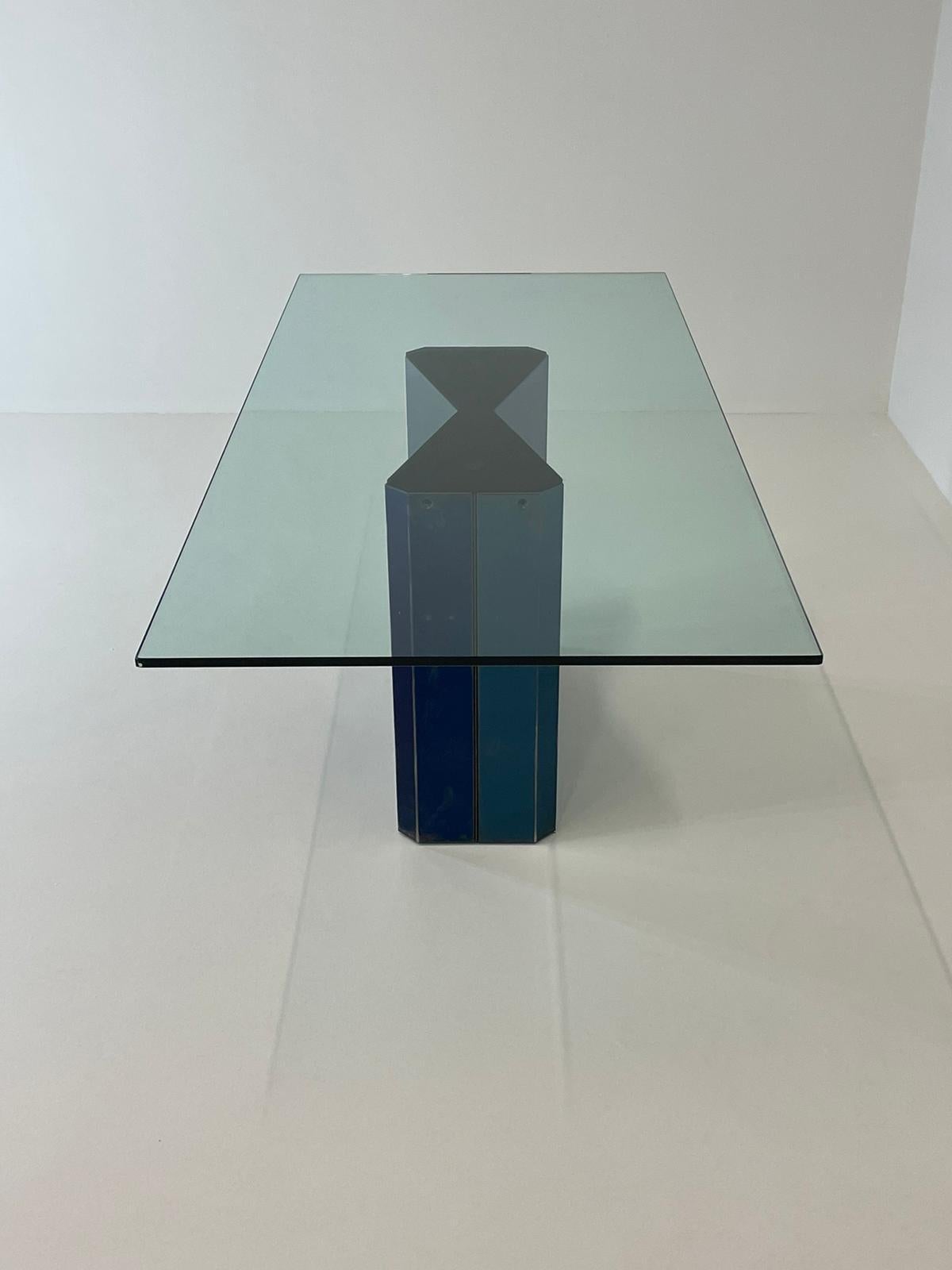 Afra & Tobia Scarpa for B&B Italia, 'Polygonon' model dining or meeting table, glass, electro-coated stainless steel, Italy, 1984
This stunning table designed by the Italian master duo Afra & Tobia Scarpa is rare and hard to find. 
The geometric