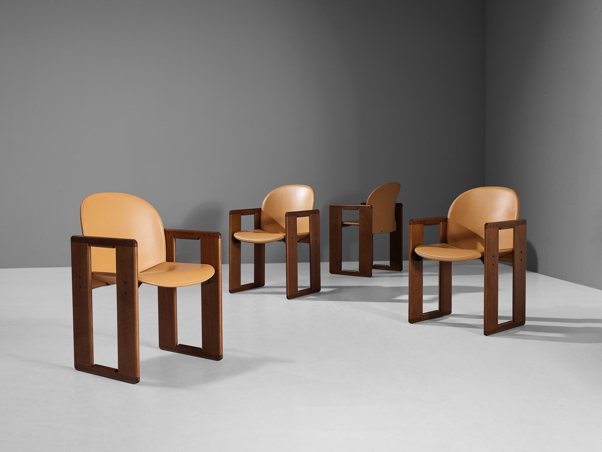 Afra and Tobia scarpa for B&B, set of four ‘Dialogo’ dining chairs, walnut, cognac leather, Italy, 1970s.
 
The ‘Dialogo’ dining chair was designed by Afra and Tobia Scarpa in the 1970s and convinces with its two angular frames to which the seat