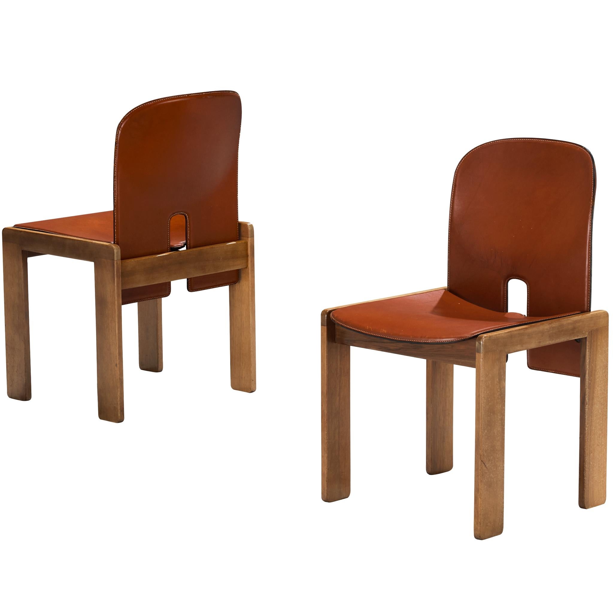 Afra & Tobia Scarpa for Cassina '121' Dining Chairs in Cognac Leather and Walnut