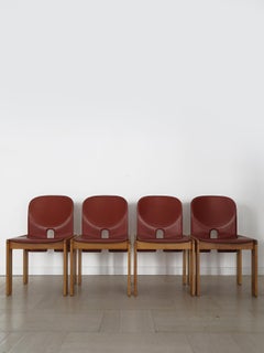 Afra Tobia Scarpa for Cassina Italian Midcentury Learher Wood Dinign Chairs 1960