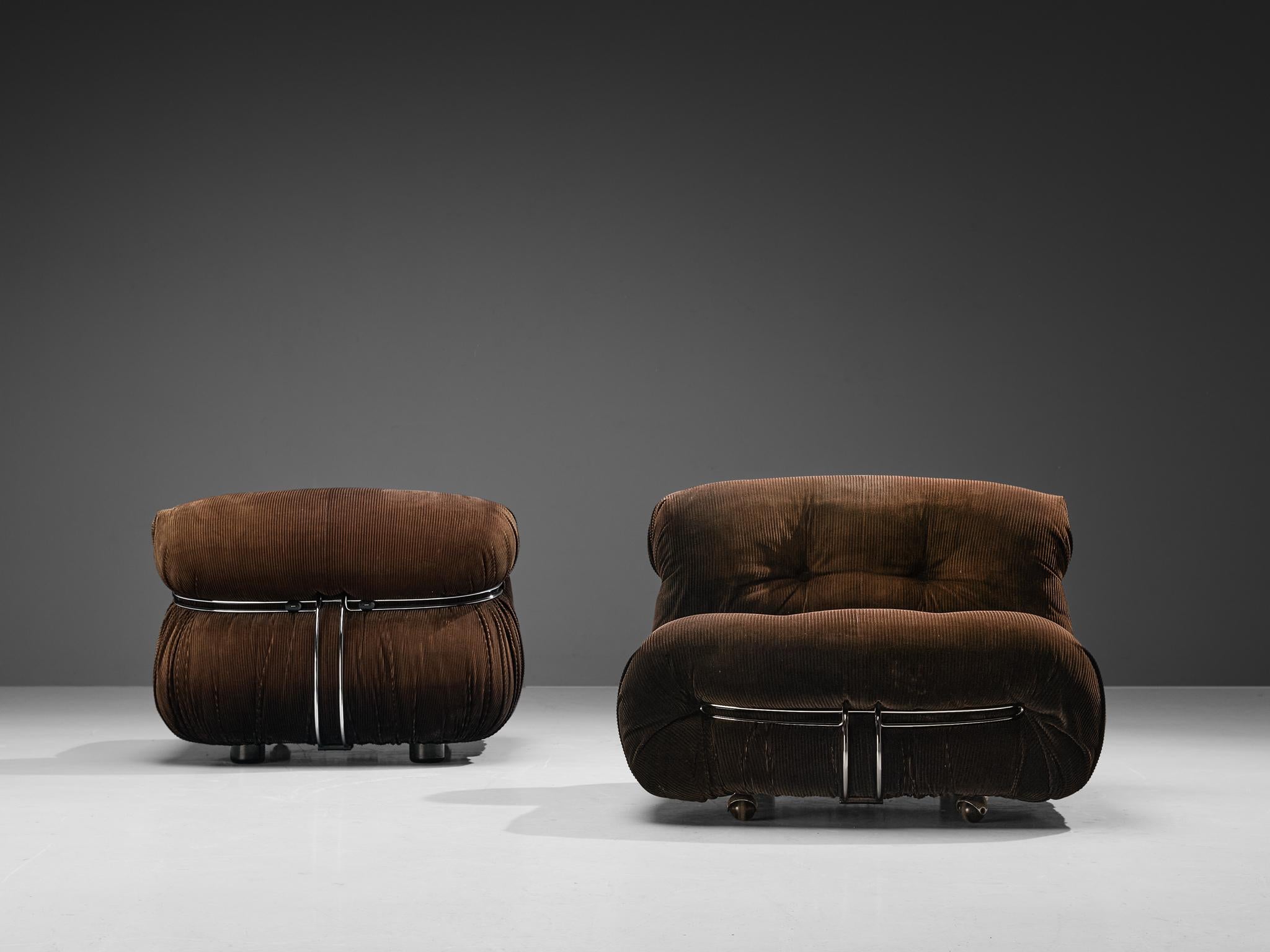 Italian Afra & Tobia Scarpa for Cassina Pair of 'Soriana' Lounge Chairs in Corduroy For Sale