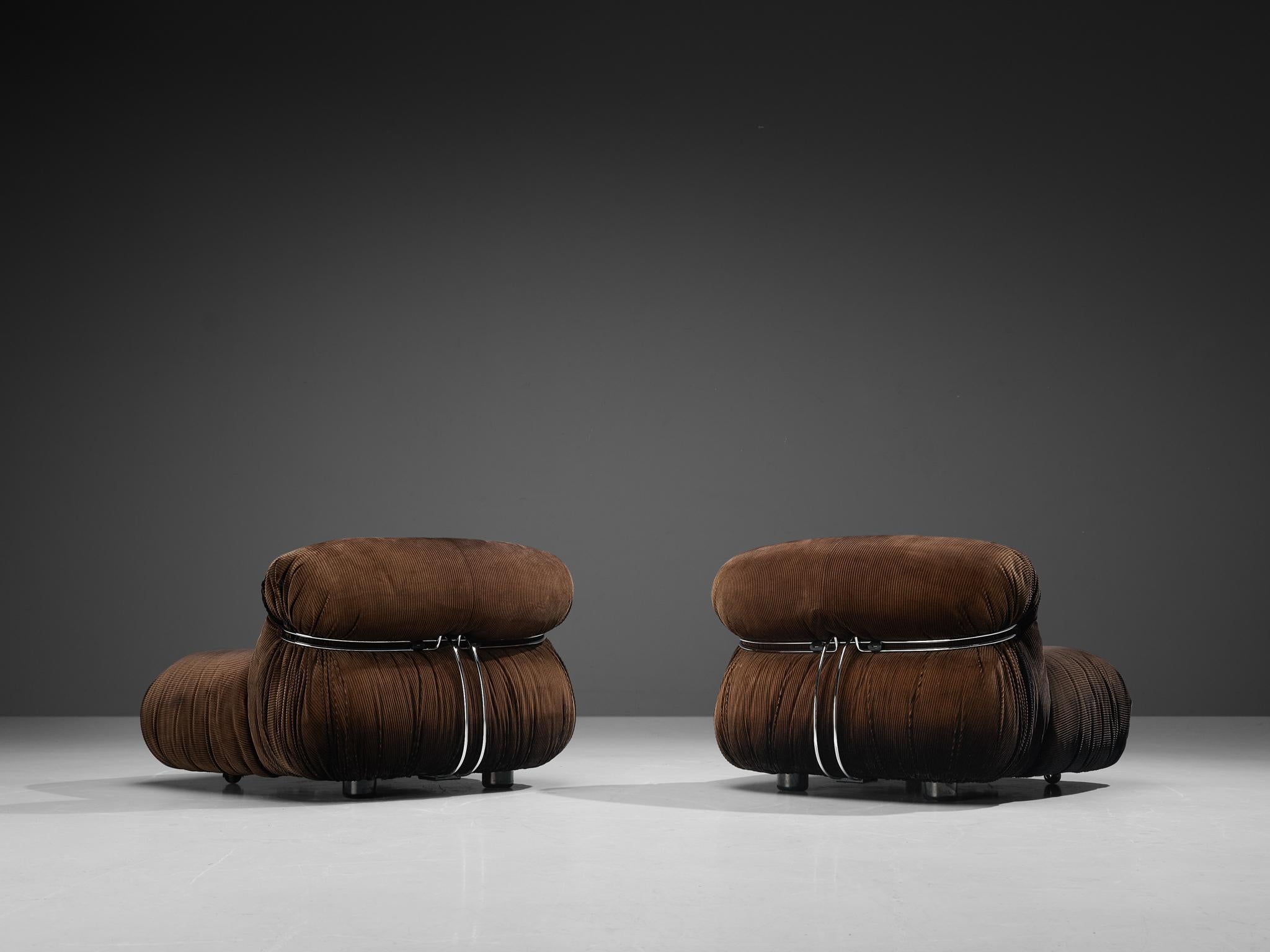 Fabric Afra & Tobia Scarpa for Cassina Pair of 'Soriana' Lounge Chairs in Corduroy For Sale