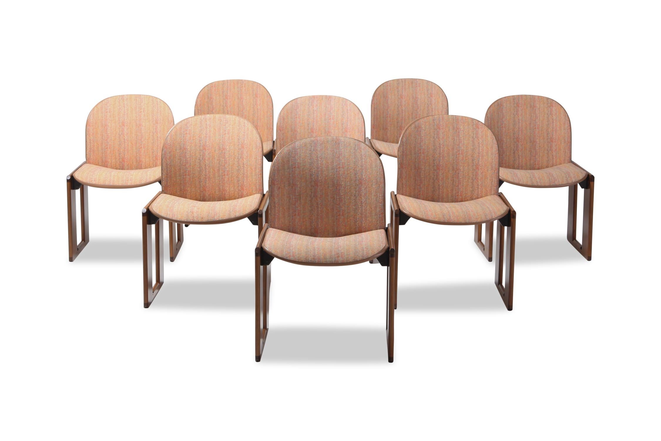 Postmodern Afra & Tobia Scarpa chairs for Cassina, model 121, wood and walnut, Italy, 1965. 
Original upholstery in a Postmodern coral patterned wool with leather trimming.
If this doesn't suit your taste we can have these reupholstered in our