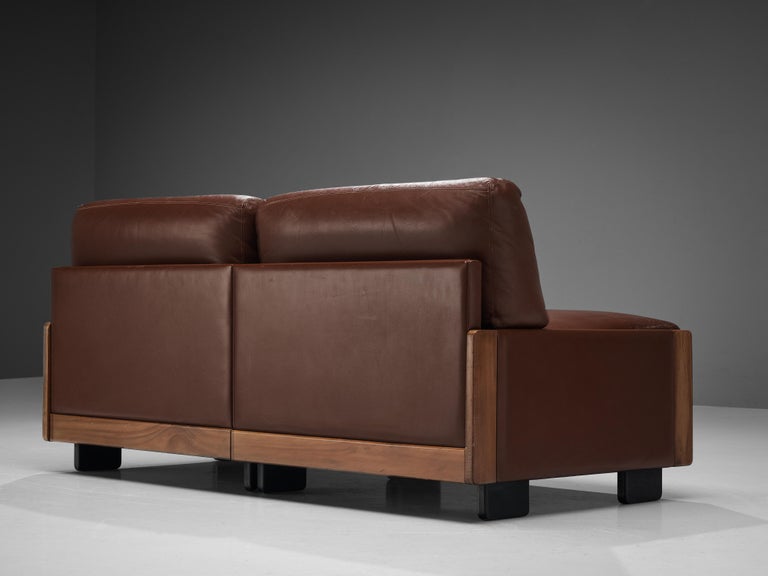 Italian Afra & Tobia Scarpa for Cassina Settee in Brown Leather For Sale
