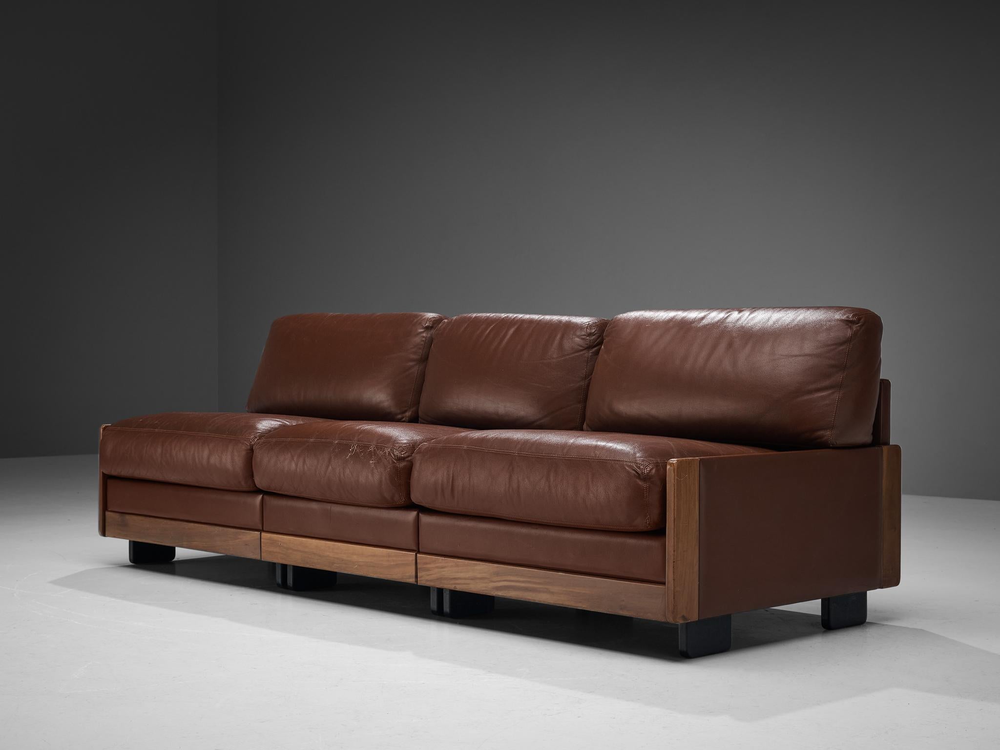 Afra & Tobia Scarpa for Cassina Sofa in Walnut and Brown Leather  For Sale 1