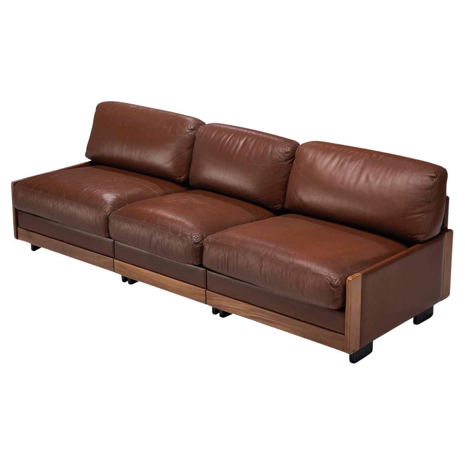 Afra & Tobia Scarpa for Cassina Sofa in Walnut and Brown Leather  For Sale