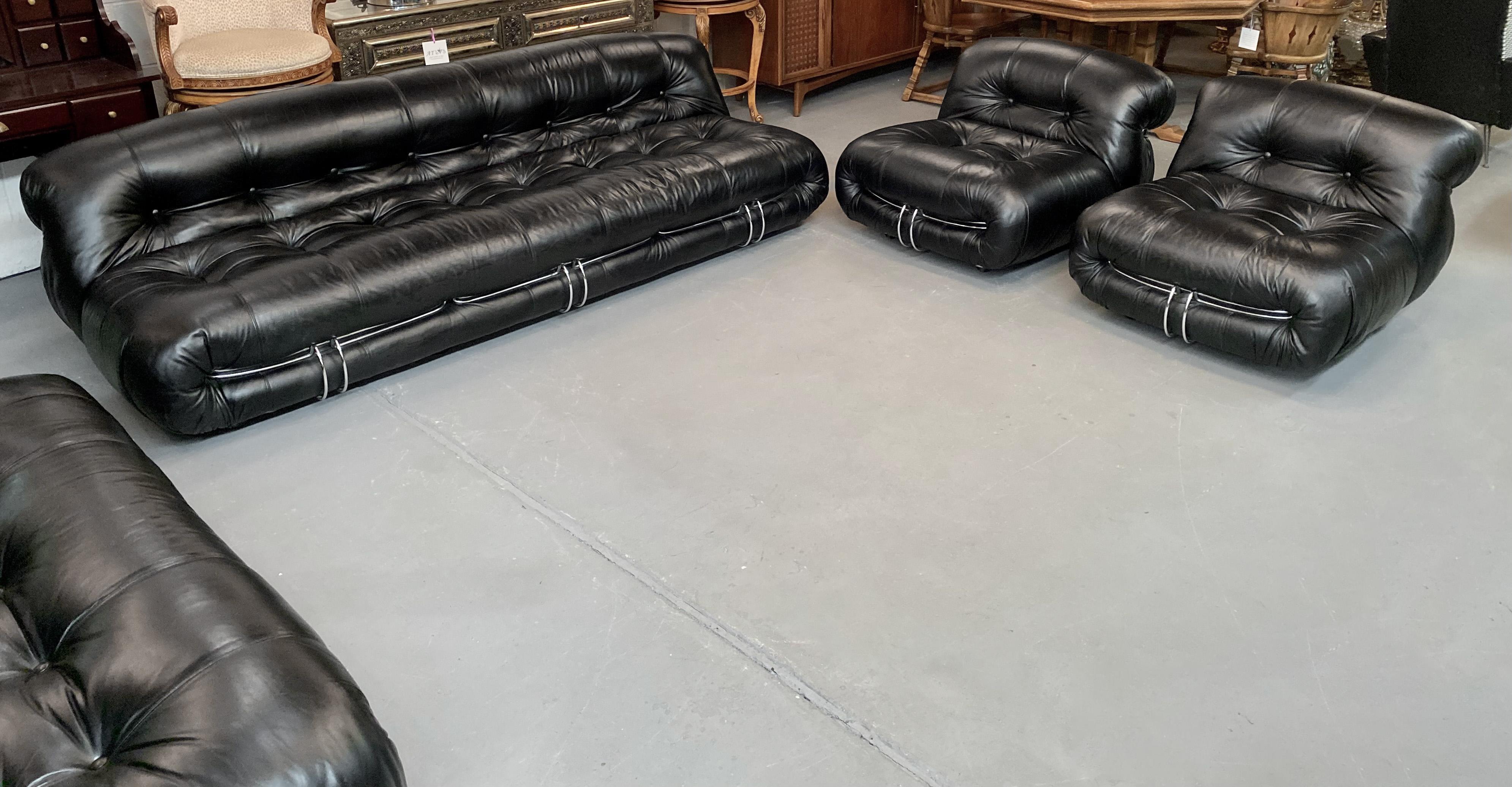 Afra & Tobia Scarpa for Cassina Soriana Leather Sofa and Lounge Chairs, 4 Pcs In Good Condition In Plainview, NY
