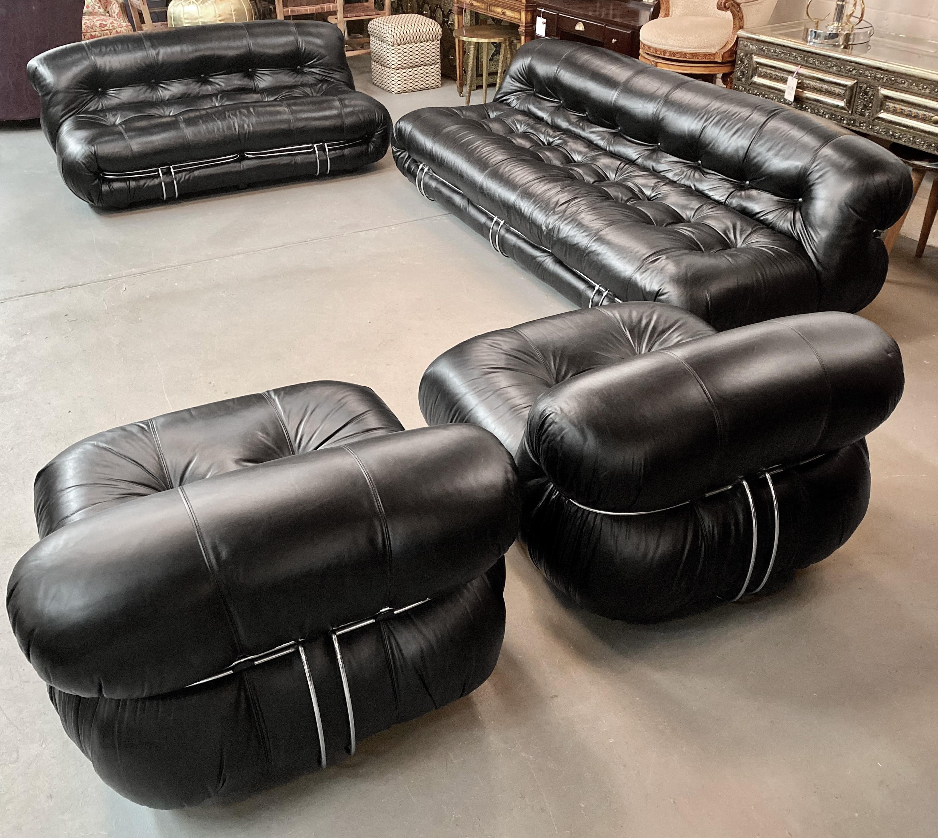 20th Century Afra & Tobia Scarpa for Cassina Soriana Leather Sofa and Lounge Chairs, 4 Pcs