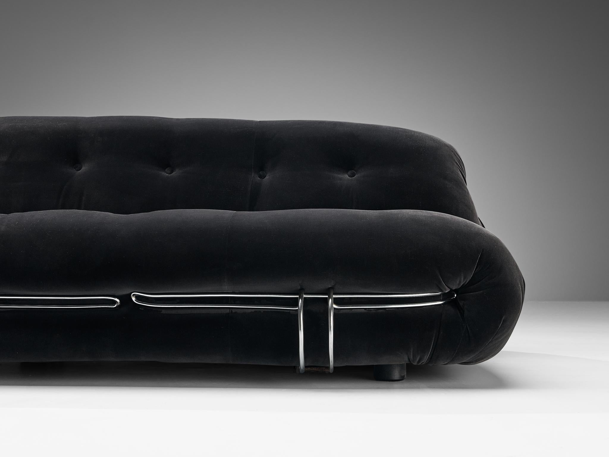 Steel Afra & Tobia Scarpa for Cassina 'Soriana' Sofa in Black Velvet 