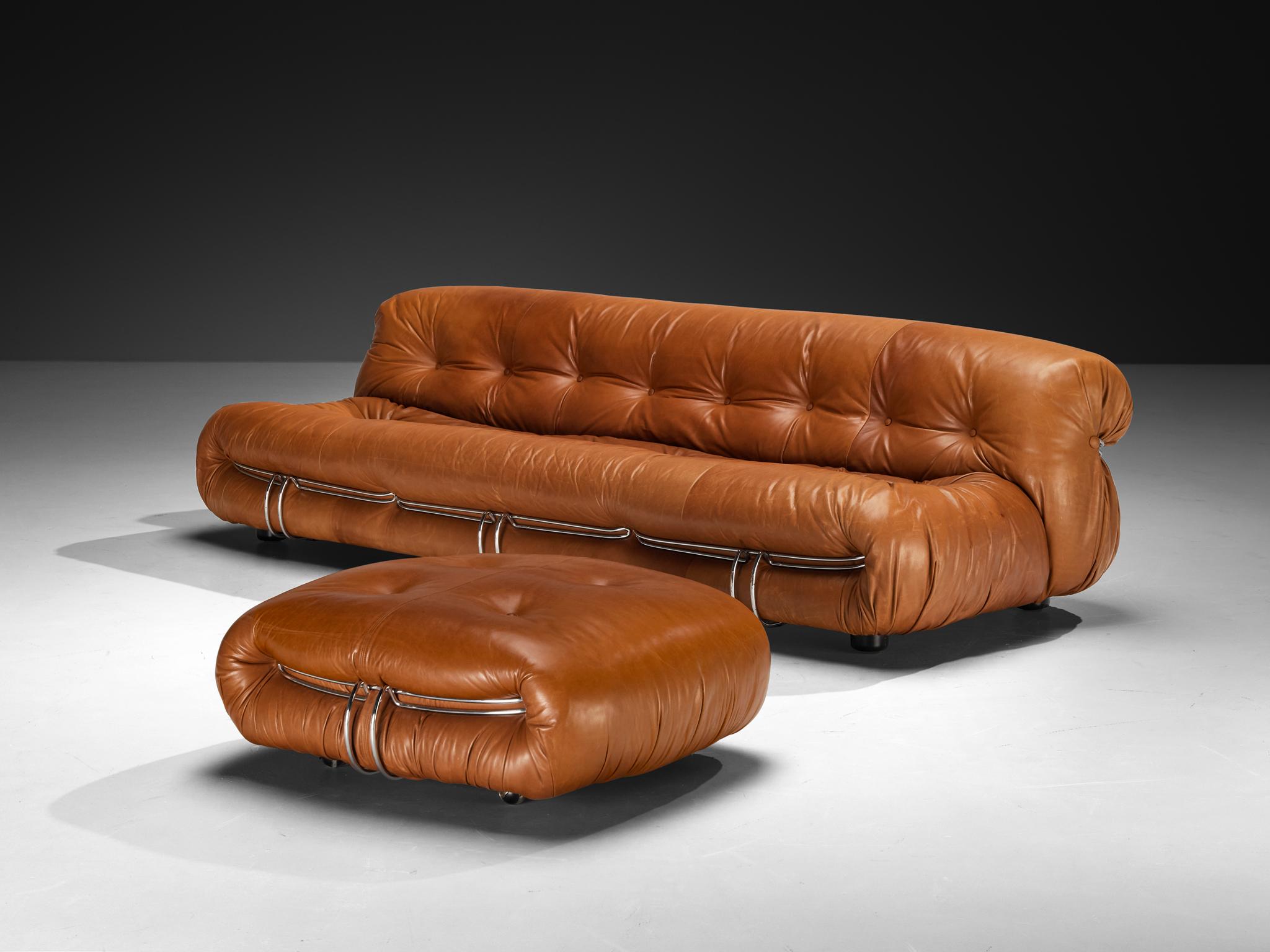 Mid-Century Modern Afra & Tobia Scarpa pour Cassina Canapé 'Soriana' avec pouf en cuir cognac en vente