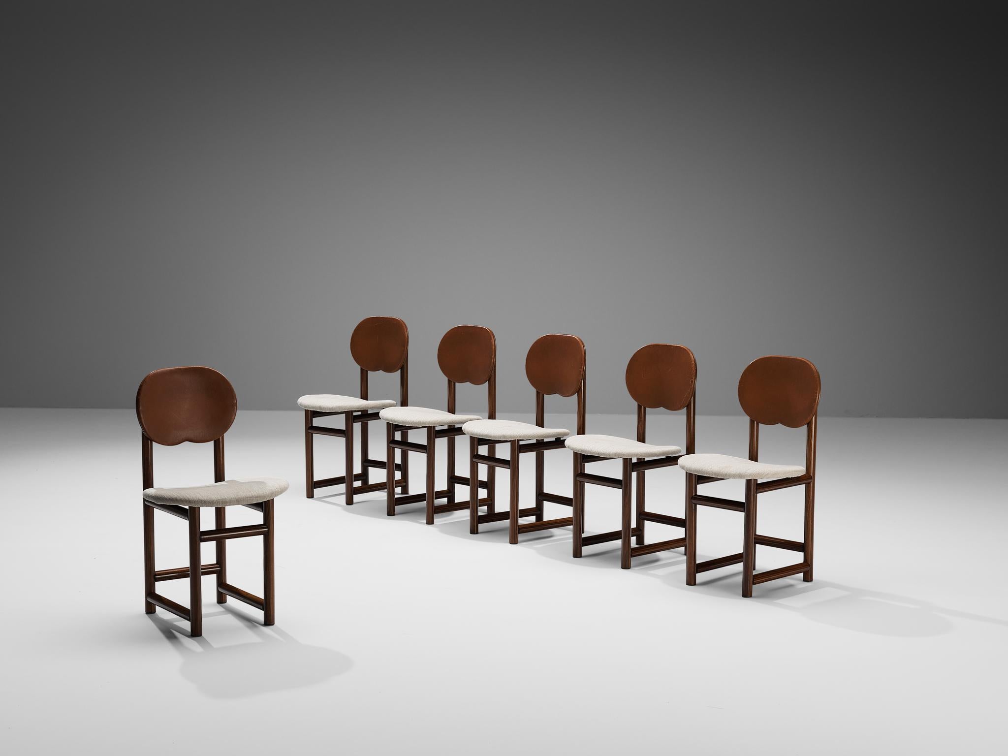 Afra & Tobia Scarpa for Maxalto, 'New Harmony' set of six dining chairs, walnut, fabric, leather, Italy, circa 1983

The 'New Harmony' collection designed by Afra & Tobia Scarpa is distinguished by its sleek proportions and postmodern aesthetic.