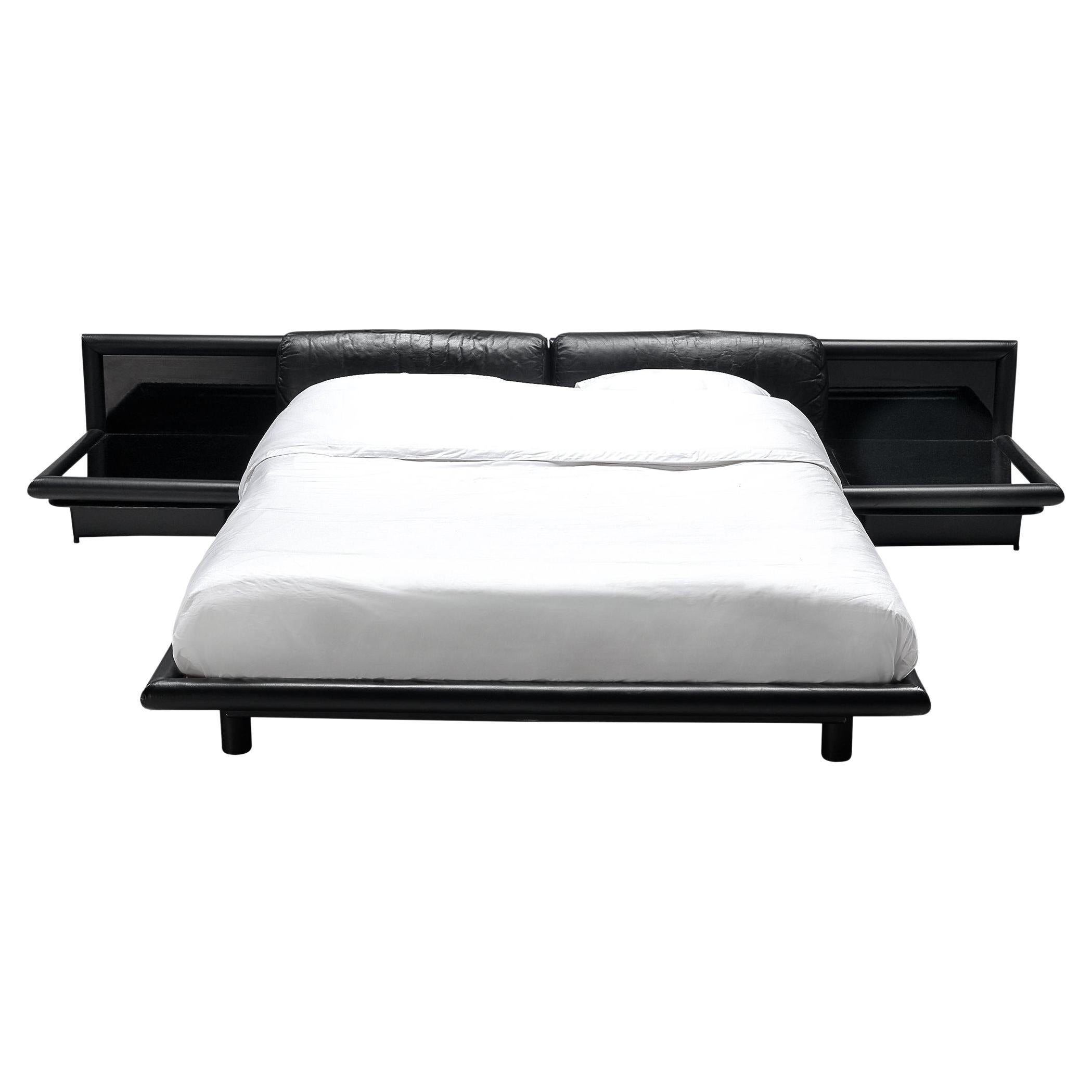Afra & Tobia Scarpa for Molteni ‘Morna’ Bed with Nightstands in Black Leather 