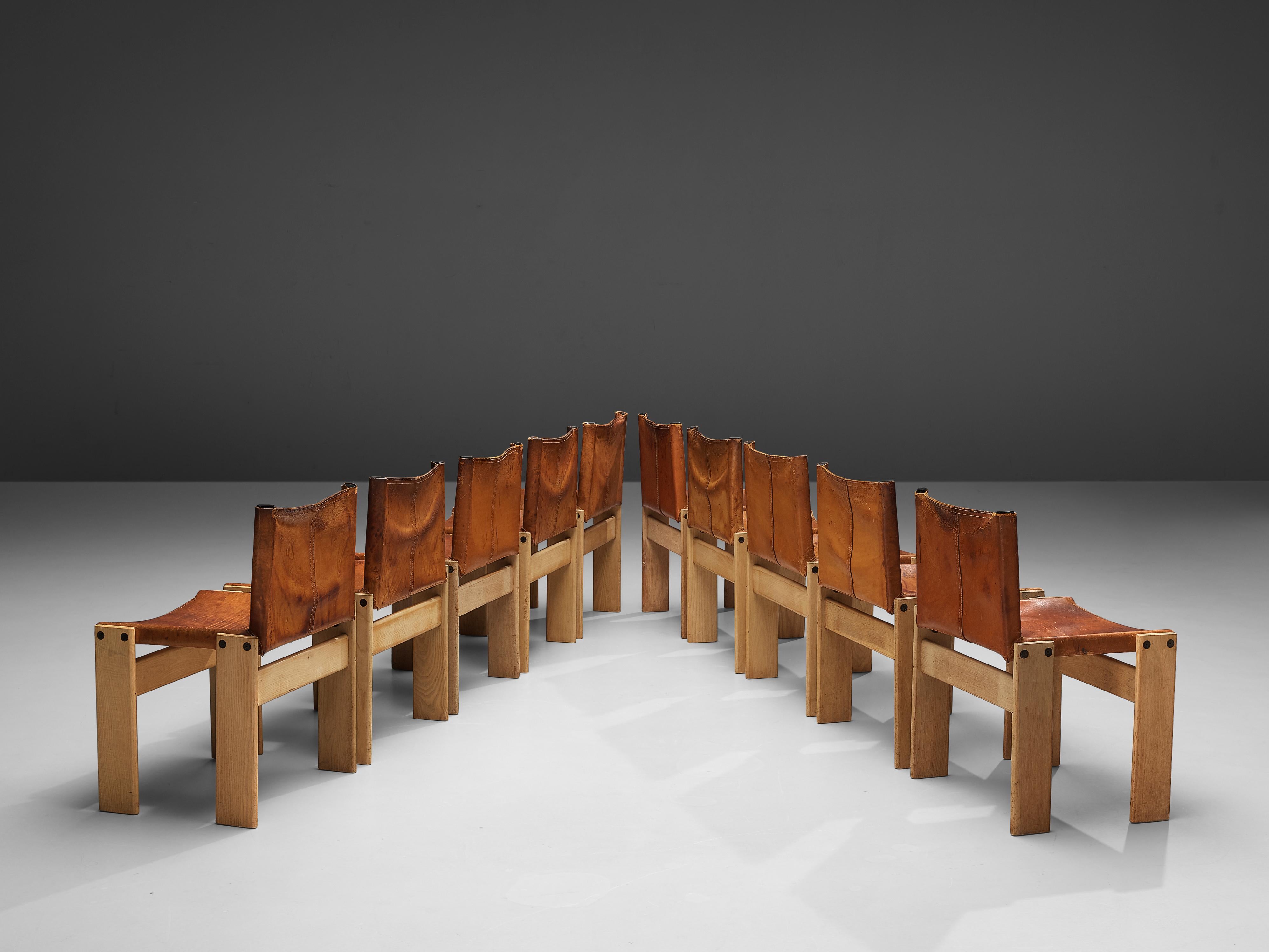 Mid-Century Modern Afra & Tobia Scarpa for Molteni Set of 10 Monk Chairs in Cognac Leather
