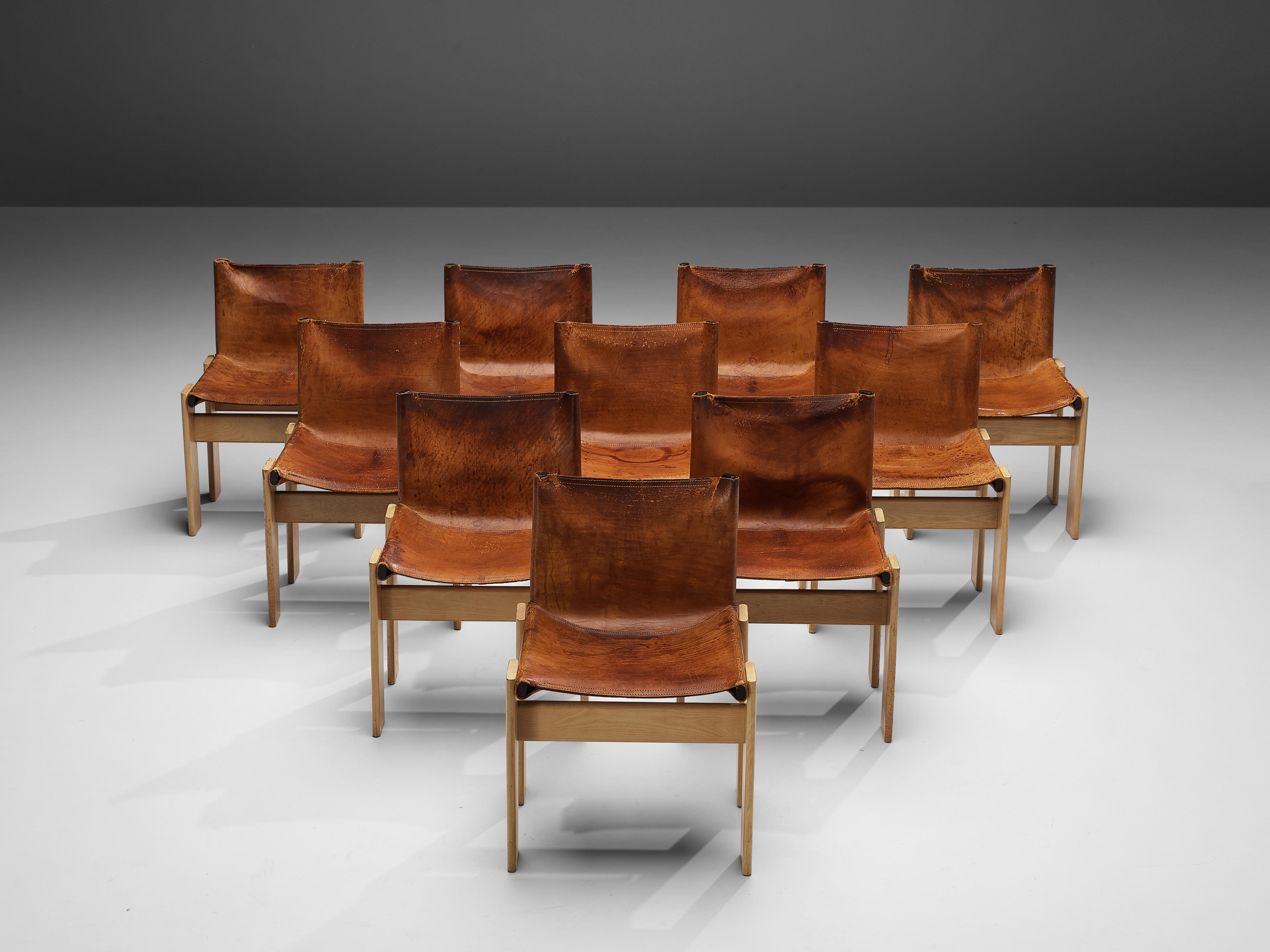 Italian Afra & Tobia Scarpa for Molteni Set of 10 Monk Chairs in Cognac Leather