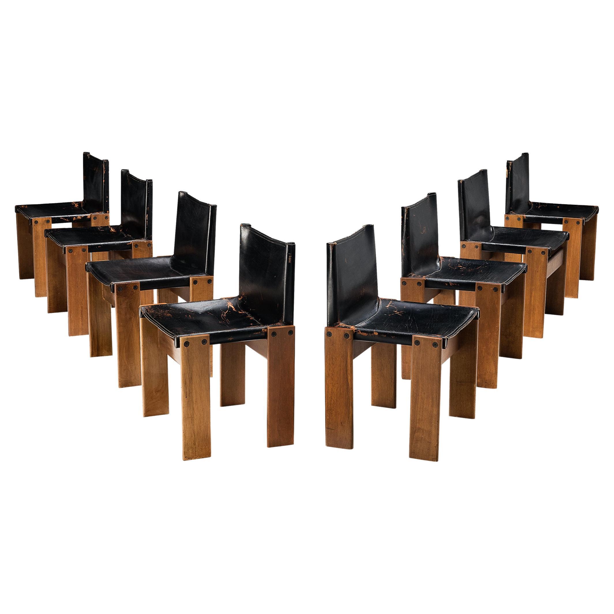 Afra & Tobia Scarpa for Molteni Set of Eight 'Monk' Chairs in Black Leather