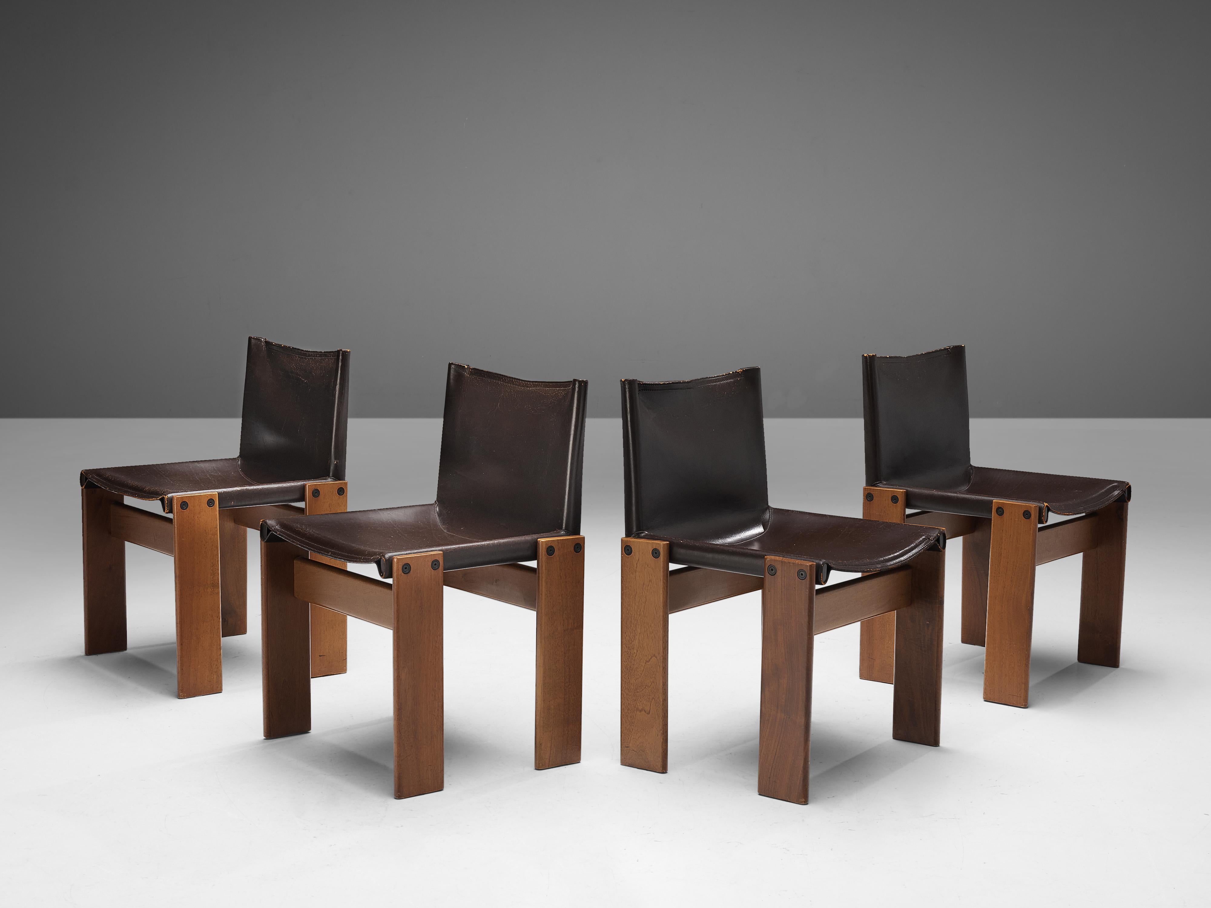 Afra & Tobia Scarpa for Molteni, set of four dining chairs, model 'Monk', walnut, black leather, Italy, 1974. 

Simplified and solid design set of four dining chairs by Italian award-winning designers couple Afra & Tobia Scarpa. The wonderfully deep