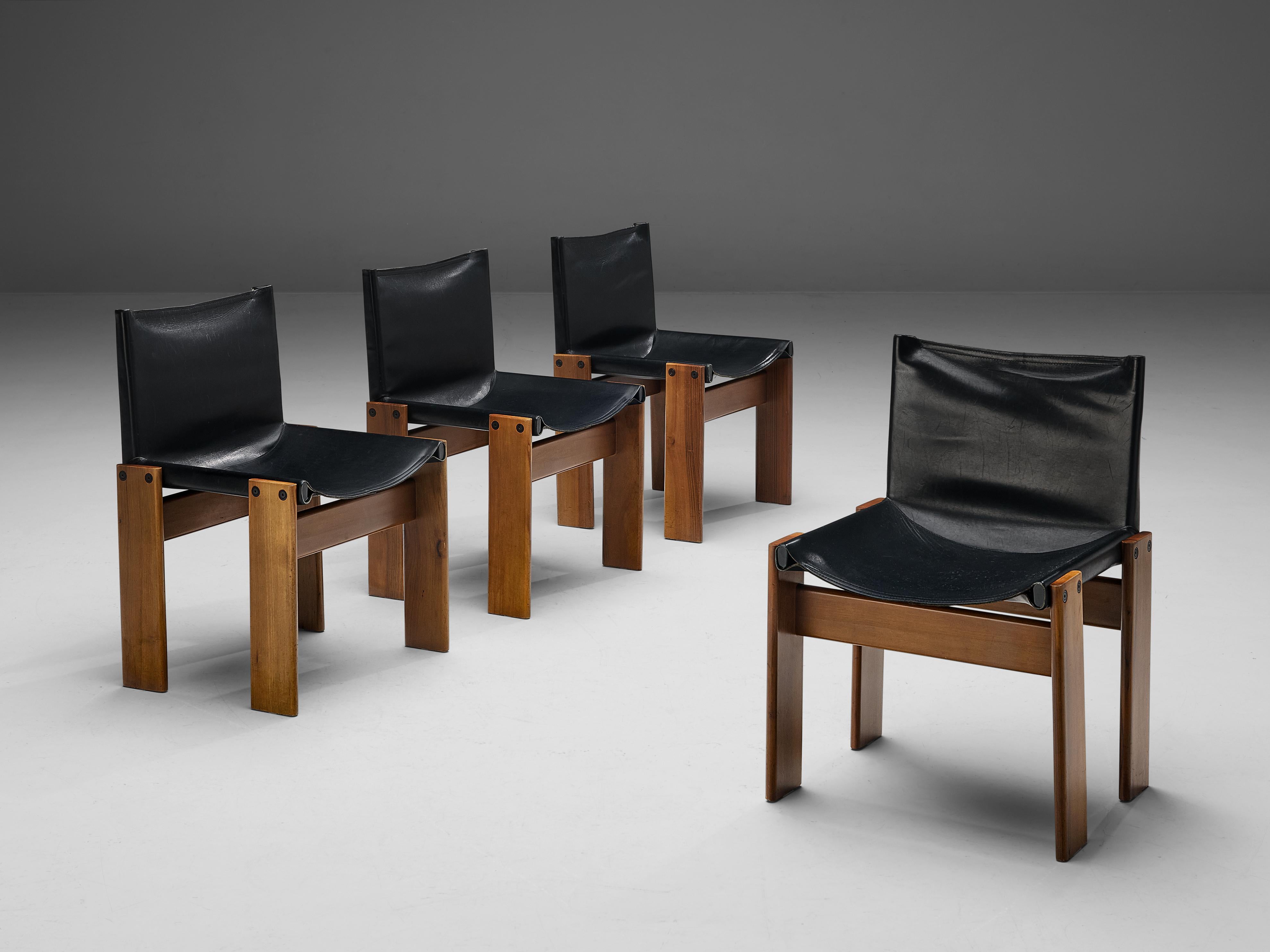 Mid-Century Modern Afra & Tobia Scarpa for Molteni Set of Four 'Monk' Chairs in Black Leather