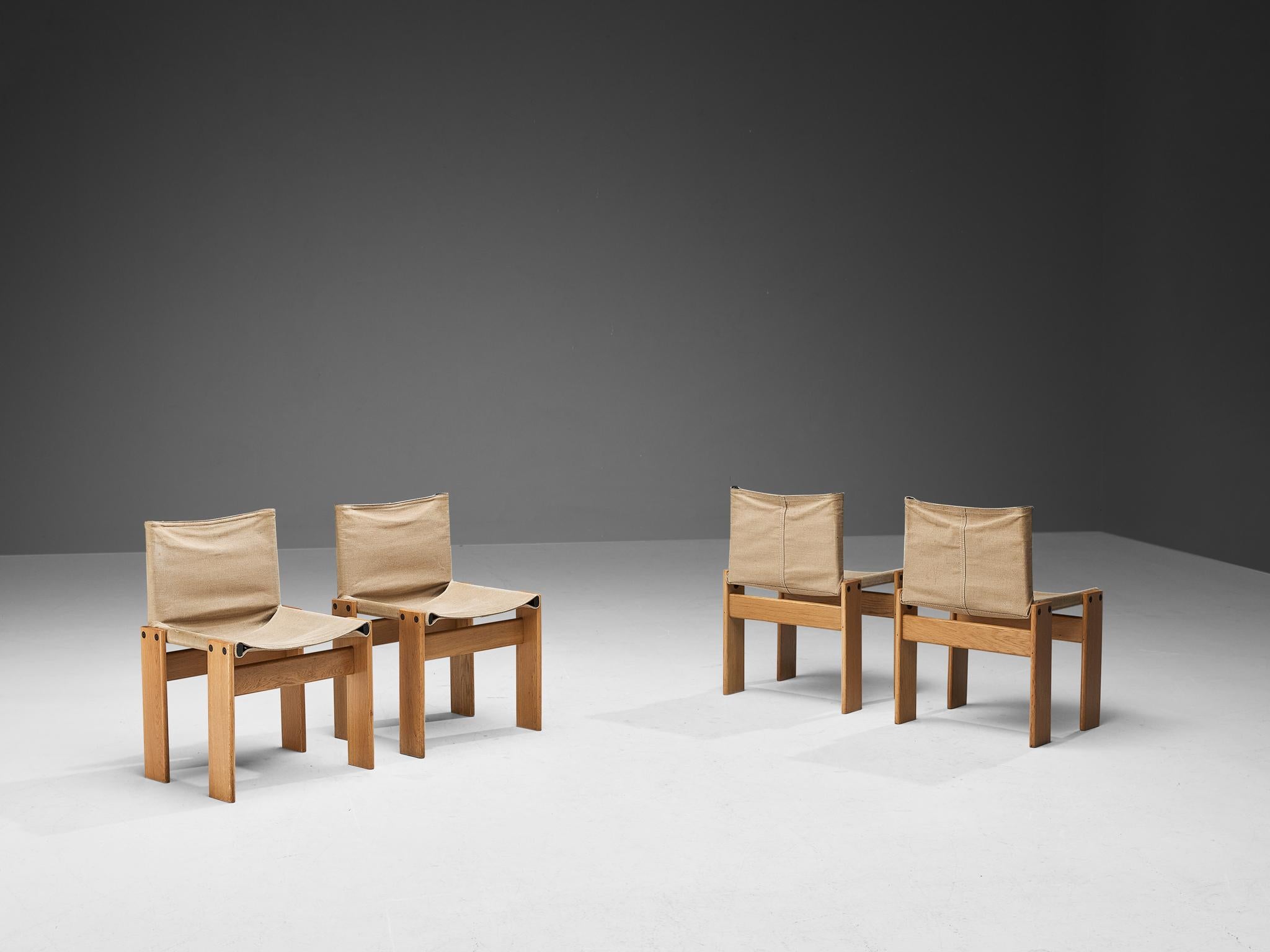 Afra & Tobia Scarpa for Molteni, set of four 'Monk' dining chairs, patinated beech, canvas, Italy, designed in 1974 

Lovely set of four dining chairs in a light canvas that forms a striking combination with the blond beech wood. Interesting is the