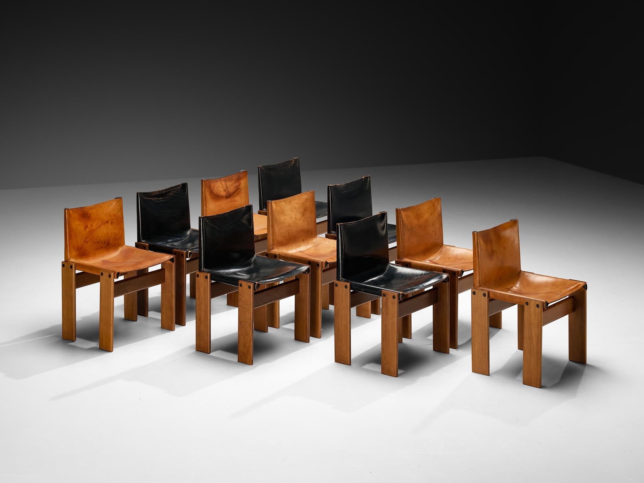 Afra & Tobia Scarpa per Molteni, set di dieci sedie da pranzo 'Monk', noce, pelle nera e cognac, Italia, 1974.

Set di dieci sedie 