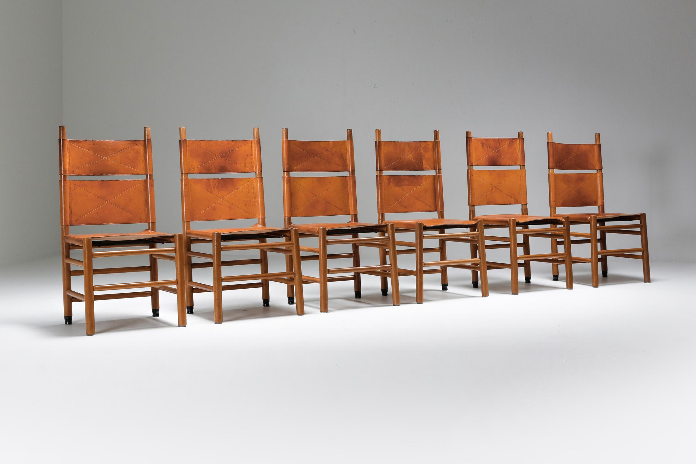 Scarpa; Afra & Tobia Scarpa; leather; dining chairs; mid-century; Italian Modern, Italy, 1970s; Scarpa; 

With their rectangular frames and the two-piece leather backrest, this set of dining chairs by Afra & Tobia Scarpa shows the true essence of