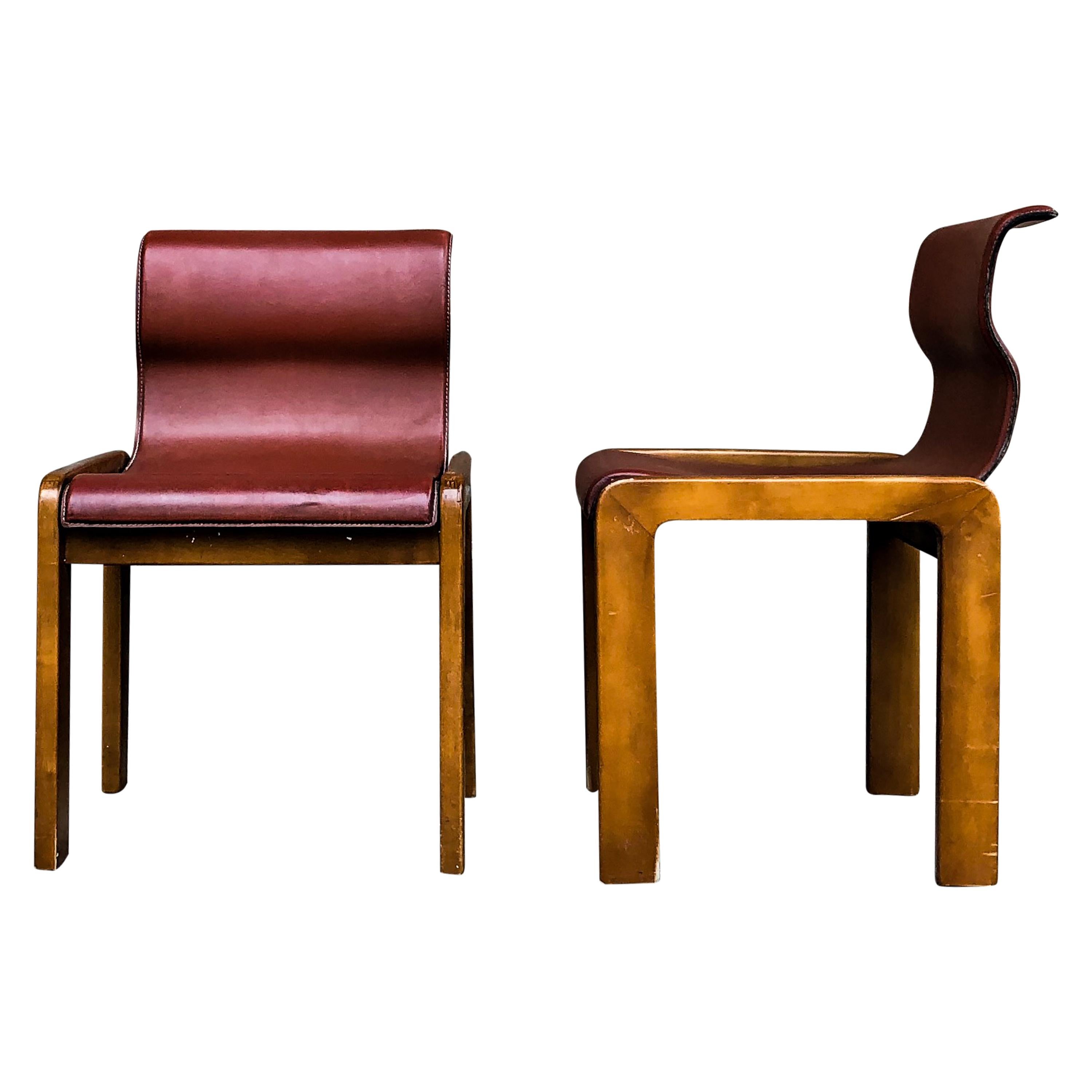 Afra & Tobia Scarpa Midcentury Leather and Plywood Dining Chair, 1966, Set of 4 For Sale 6