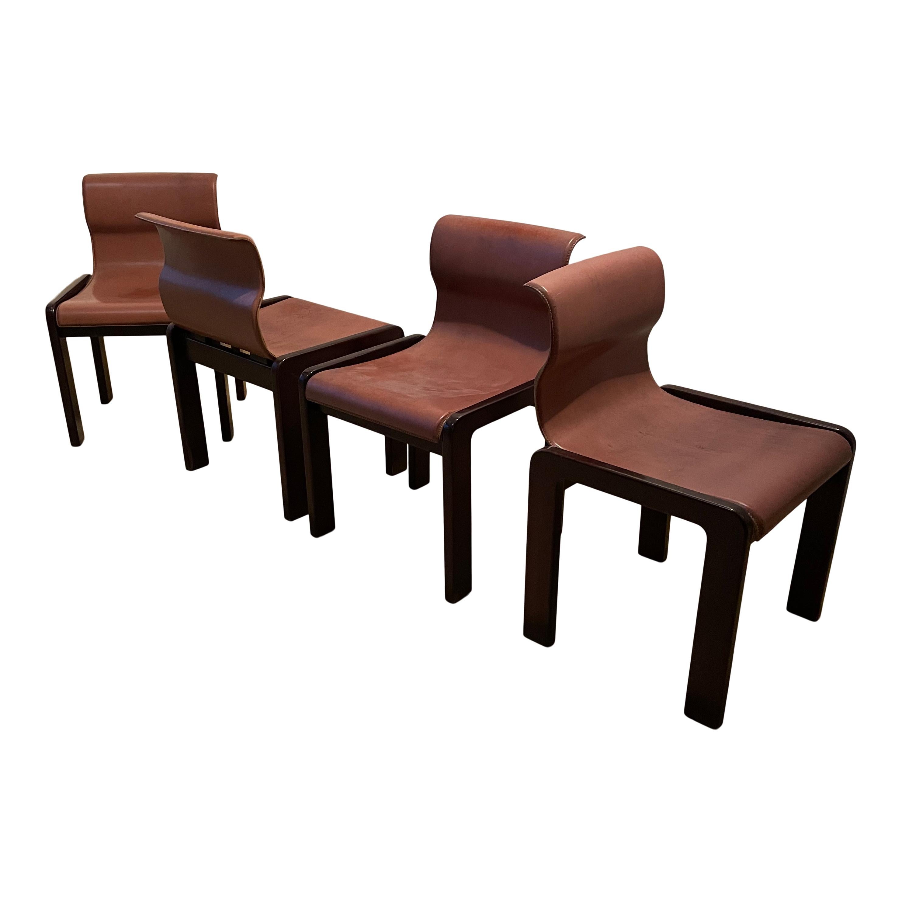 Mid-Century Modern Afra & Tobia Scarpa Midcentury Leather and Plywood Dining Chair, 1966, Set of 4 For Sale