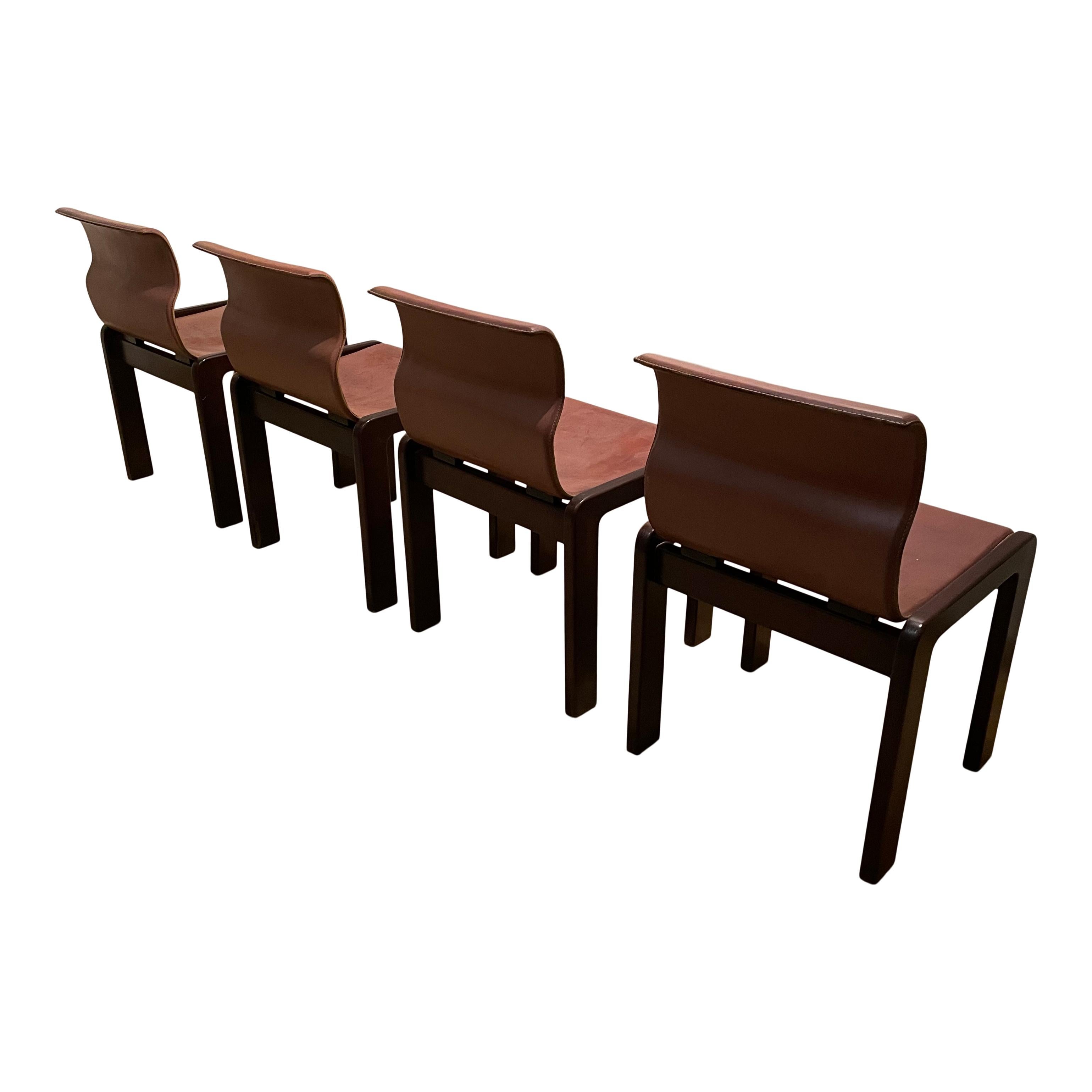 Italian Afra & Tobia Scarpa Midcentury Leather and Plywood Dining Chair, 1966, Set of 4 For Sale