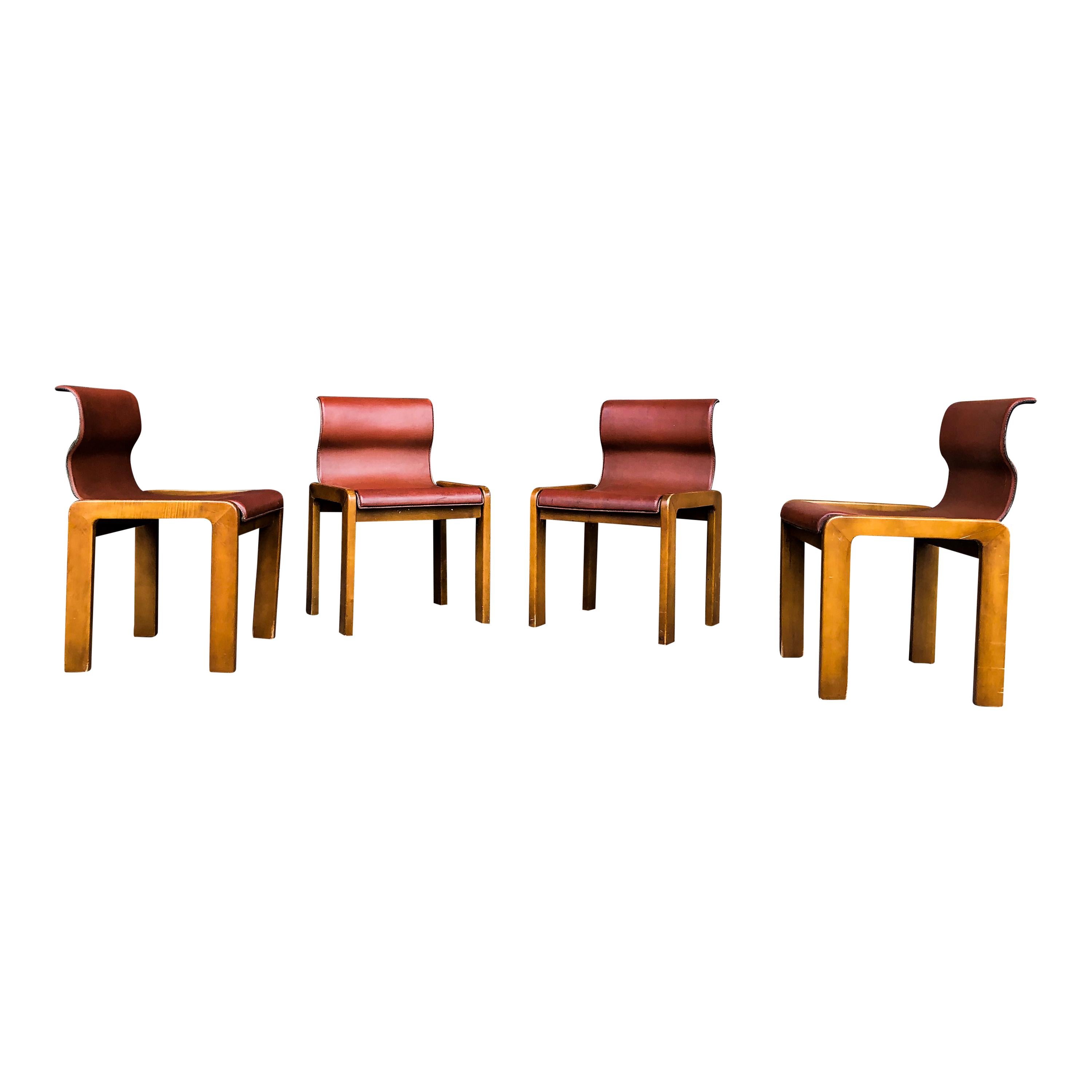 Mid-20th Century Afra & Tobia Scarpa Midcentury Leather and Plywood Dining Chair, 1966, Set of 4 For Sale
