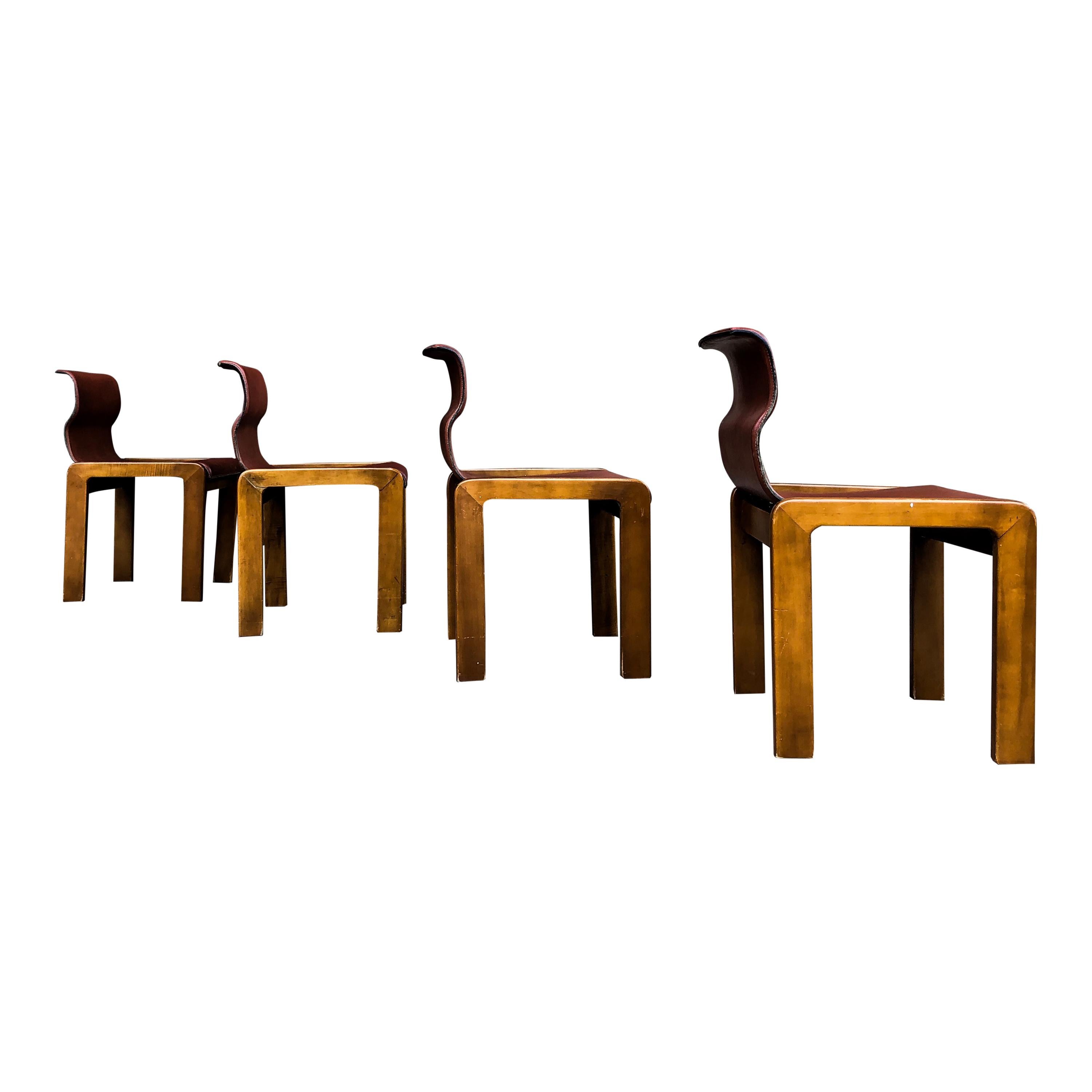 Afra & Tobia Scarpa Midcentury Leather and Plywood Dining Chair, 1966, Set of 4 For Sale 2