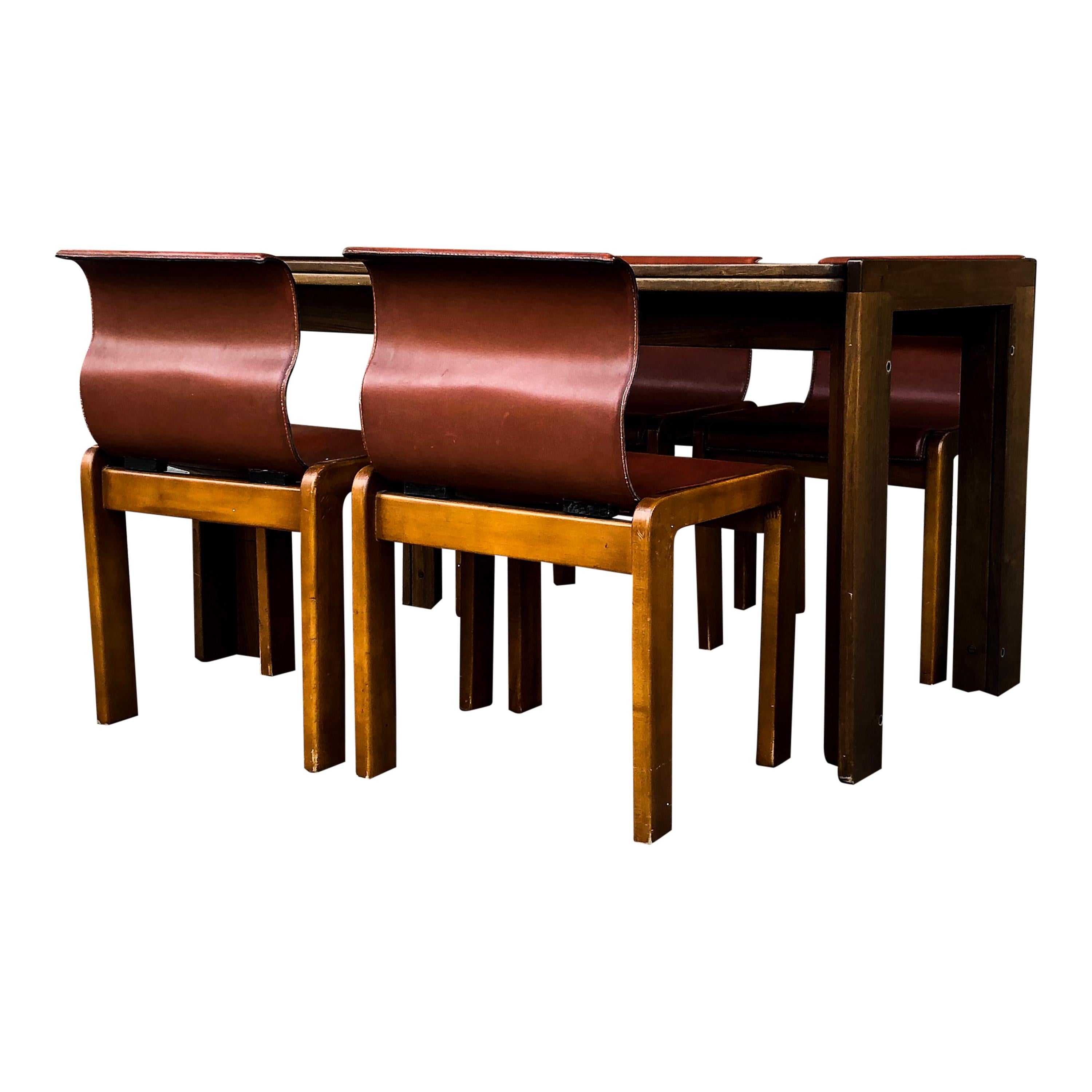 Afra & Tobia Scarpa Midcentury Leather and Plywood Dining Chair, 1966, Set of 4 For Sale 3