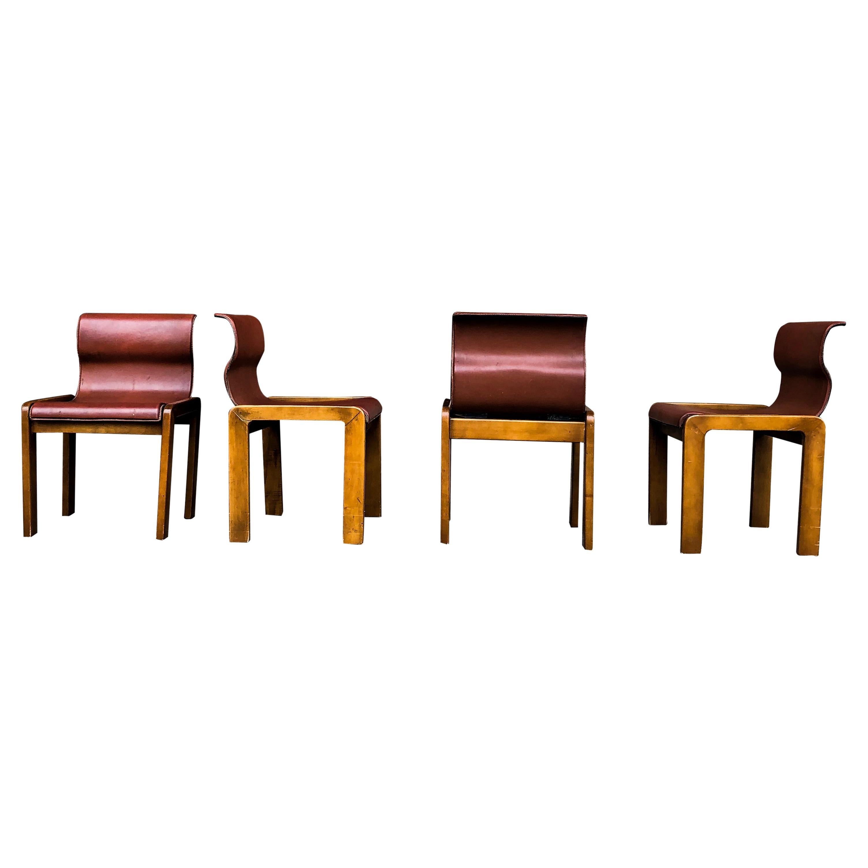 Afra & Tobia Scarpa Midcentury Leather and Plywood Dining Chair, 1966, Set of 4