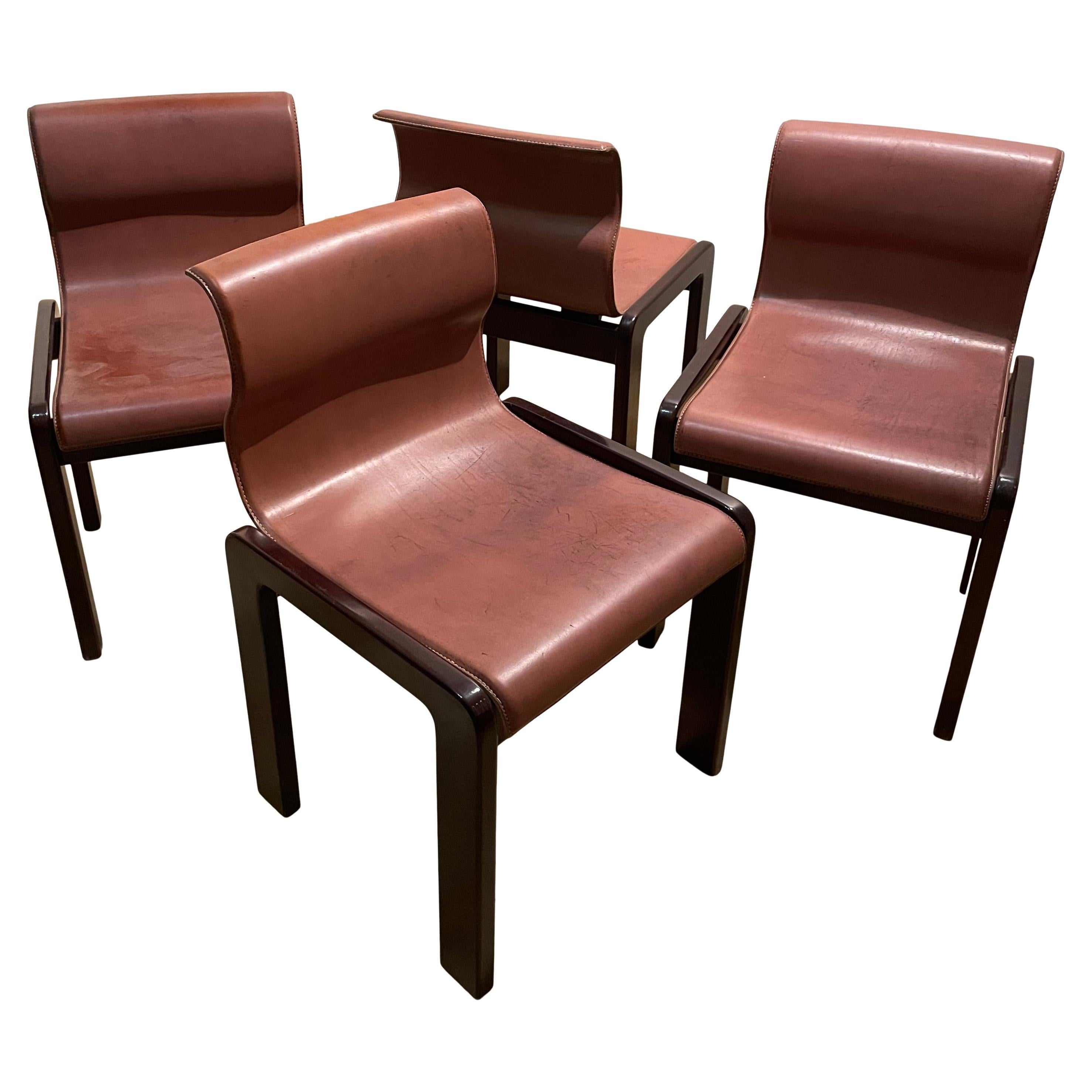 Chaise de salle à manger Afra & Tobia Scarpa du milieu du siècle dernier en cuir et contreplaqué, 1966, lot de 4 en vente
