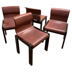 Vintage Afra & Tobia Scarpa Midcentury Leather and Plywood Dining Chair, 1966, Set of 4