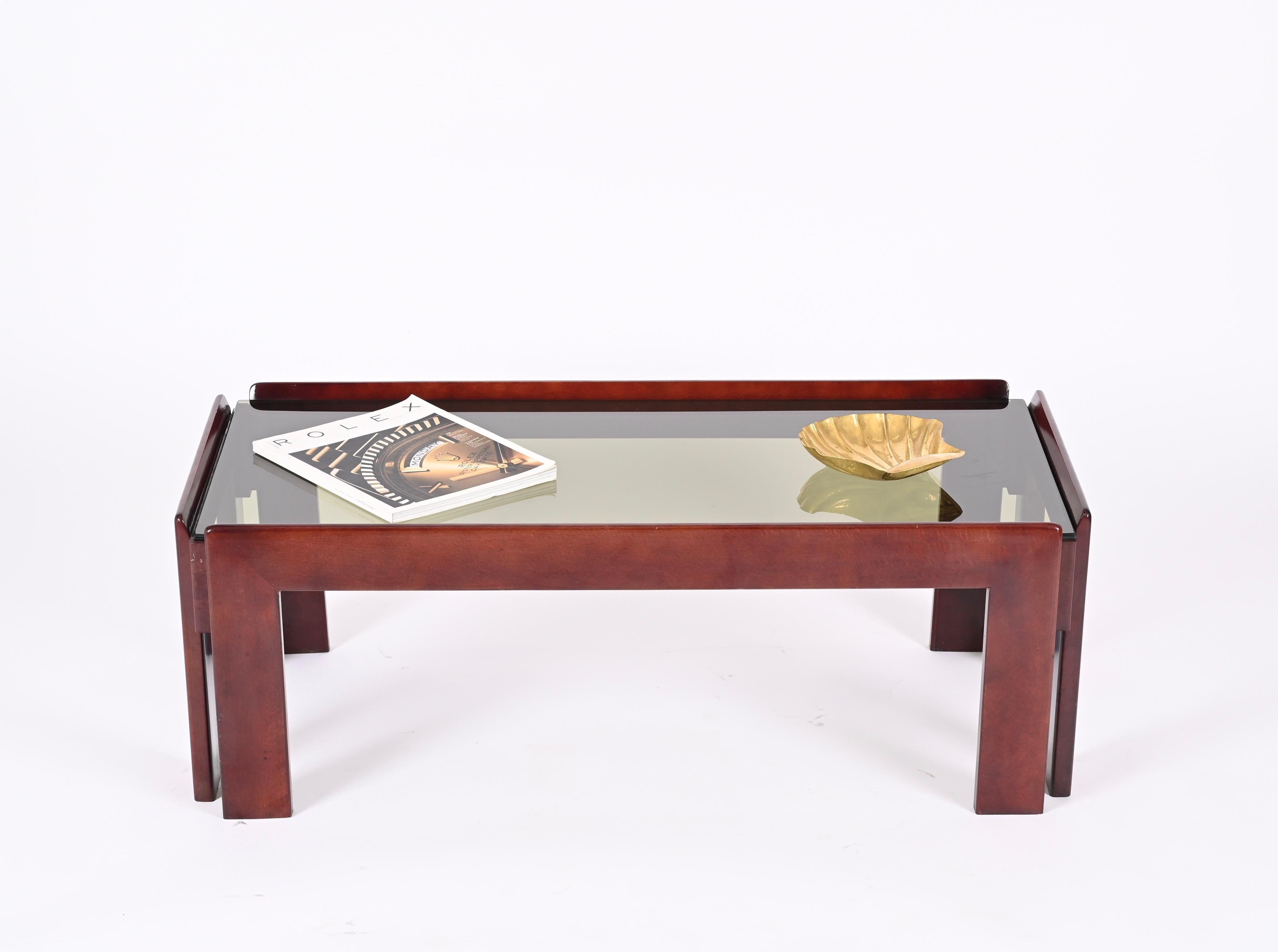 Glass Afra & Tobia Scarpa Midcentury Wood Italian Coffee Table for Cassina, 1960s