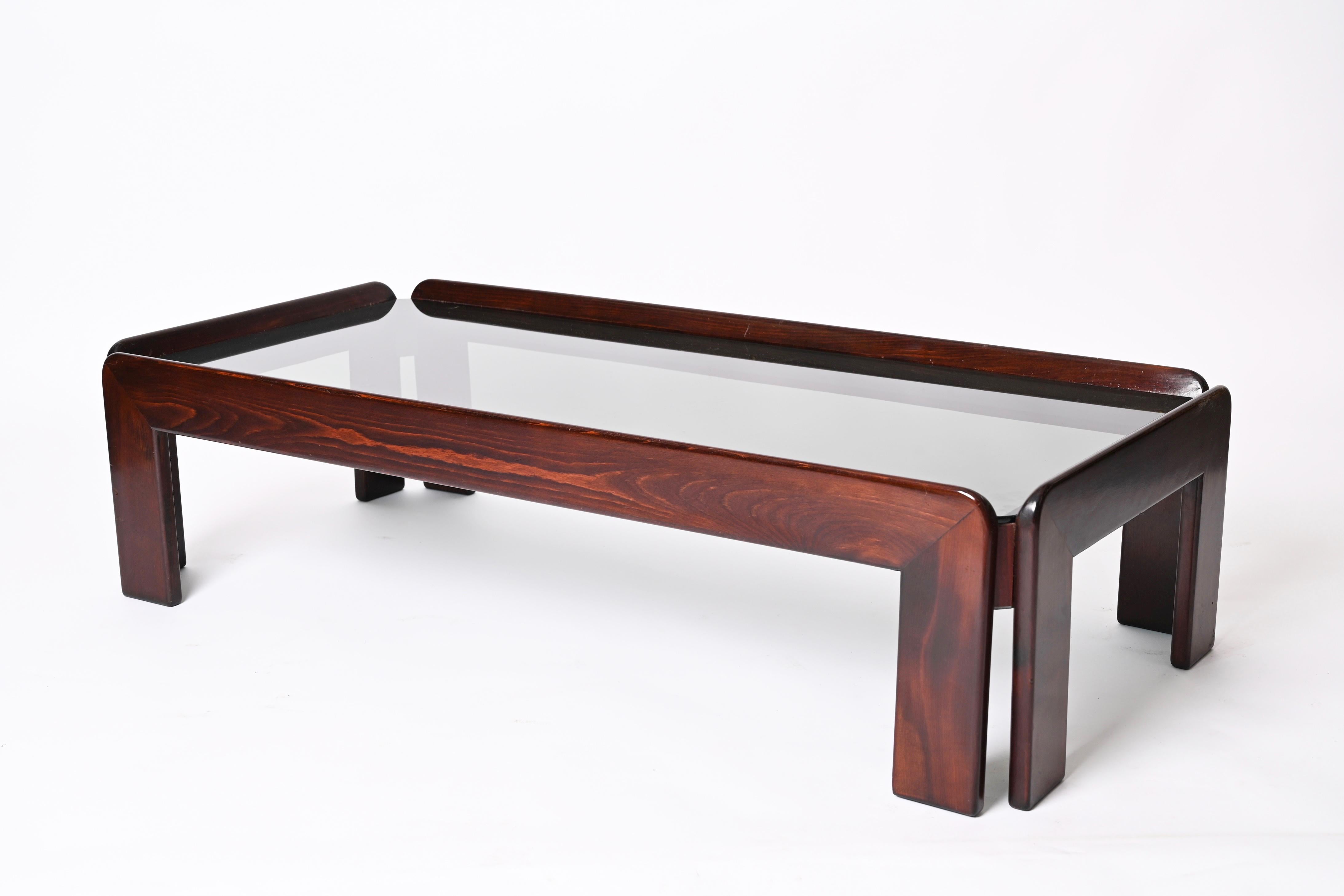 Glass Afra & Tobia Scarpa Midcentury Wood Italian Coffee Table for Cassina, 1960s