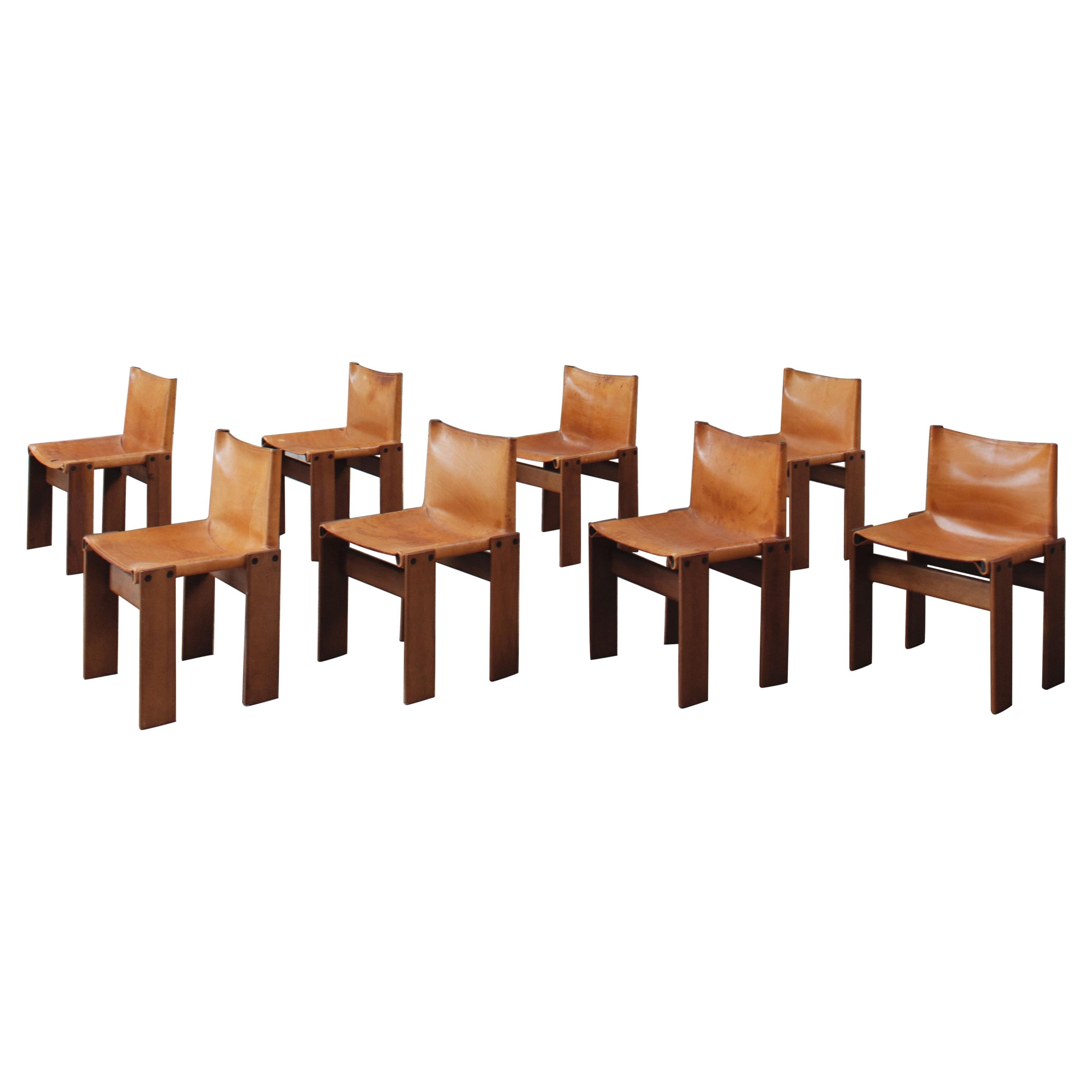 Afra & Tobia Scarpa "Monk" Chairs by Molteni in Cognac Leather, 1974, Set of 8