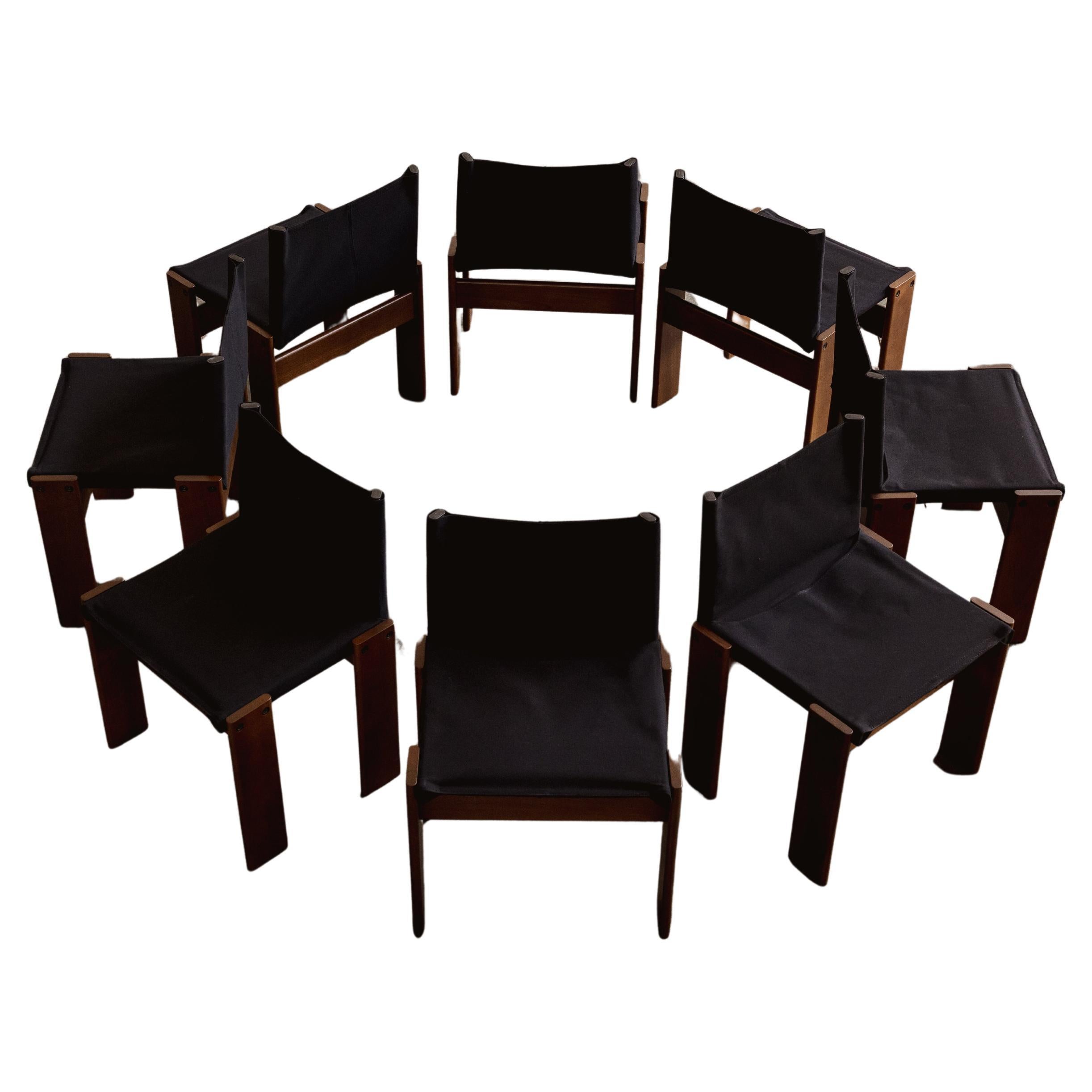 Afra & Tobia Scarpa chaises Monk pour Molteni, toile noire, 1974, lot de 8