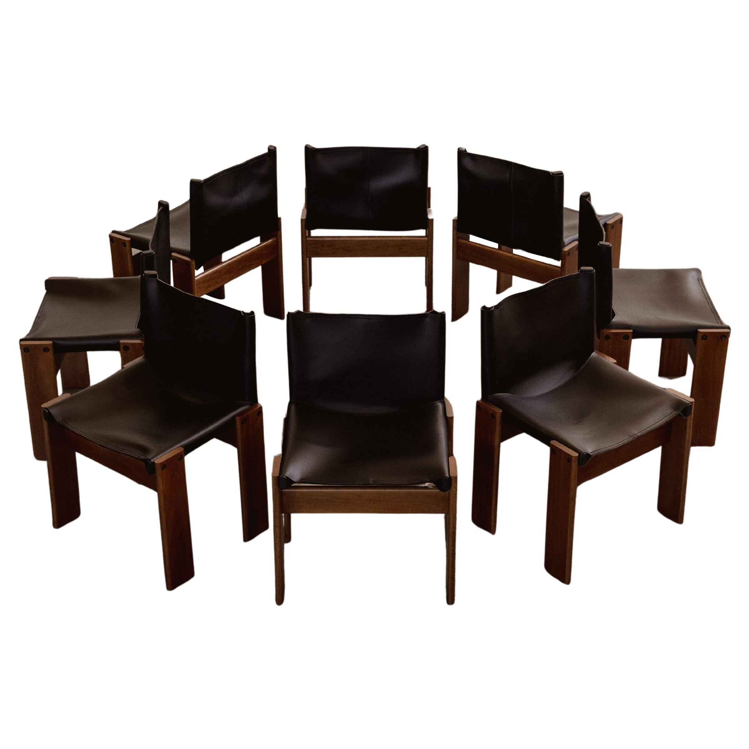 Afra & Tobia Scarpa „Monk“-Stühle für Molteni, Schwarzes Leder, 1974, 8er-Set, Set