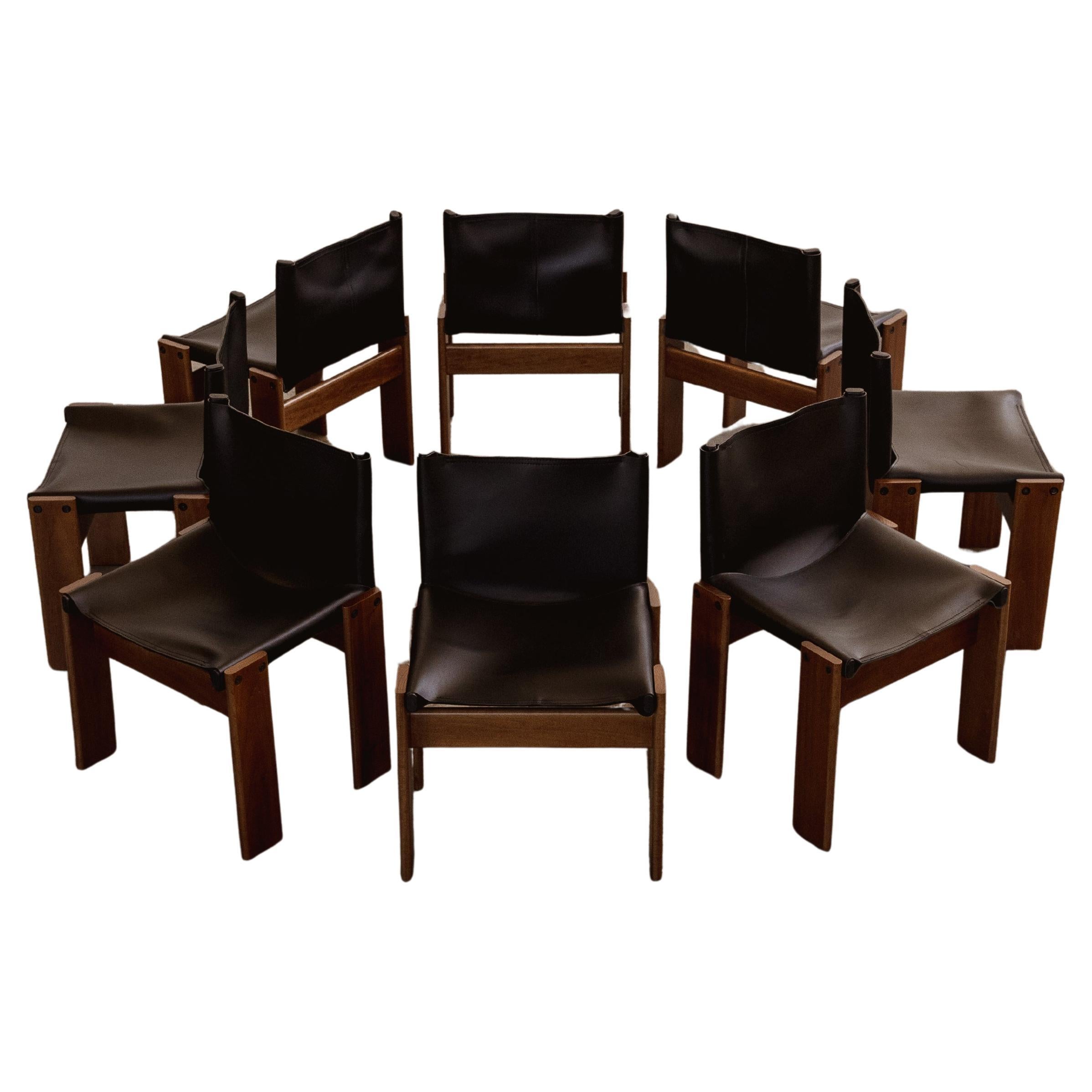 Afra & Tobia Scarpa "Monk" Chairs for Molteni, Black Leather, 1974, Set of 8