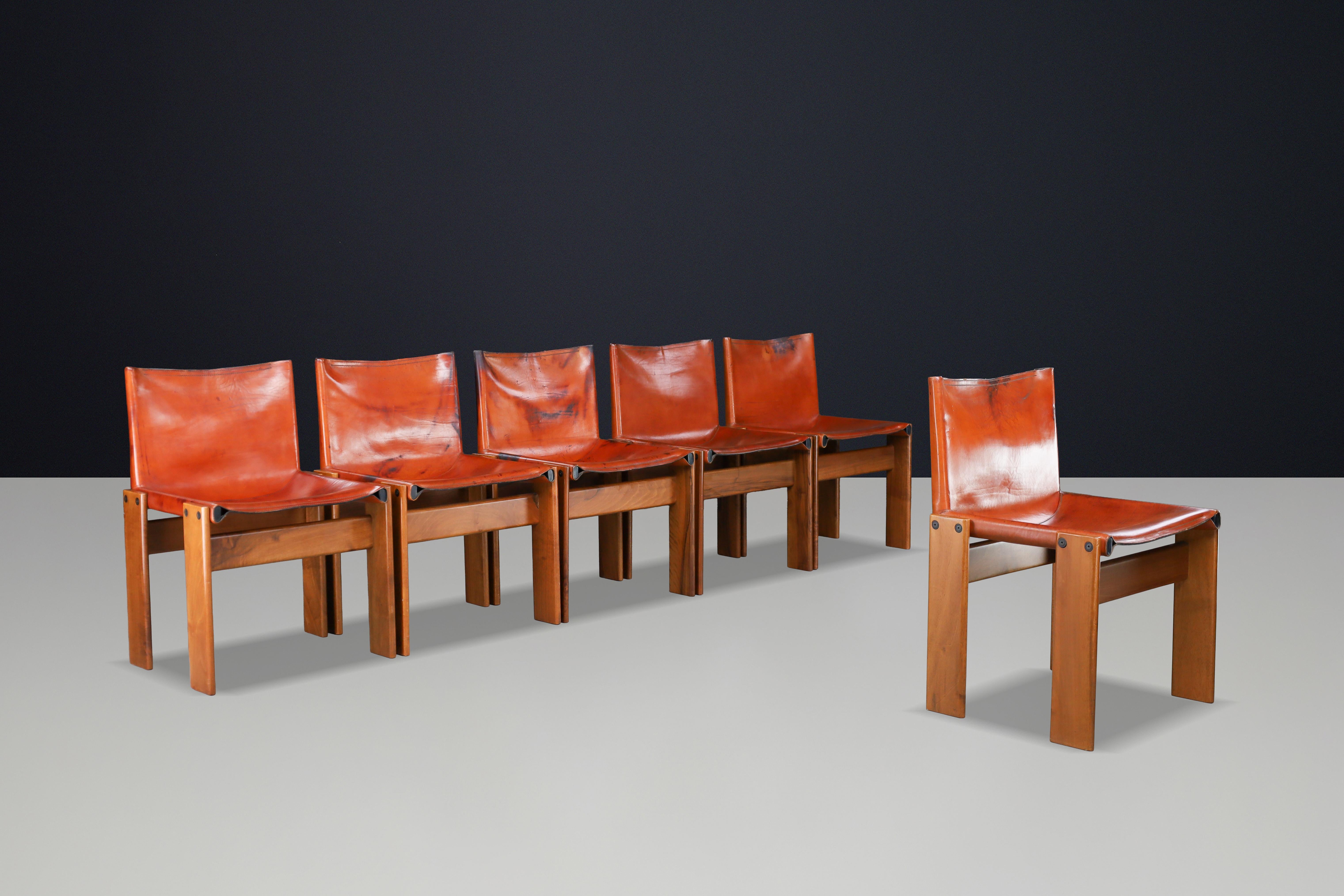 Mid-Century Modern Afra & Tobia Scarpa ‘Monk’ Chairs in Patinated Leather & Walnut Frame, 1974 For Sale