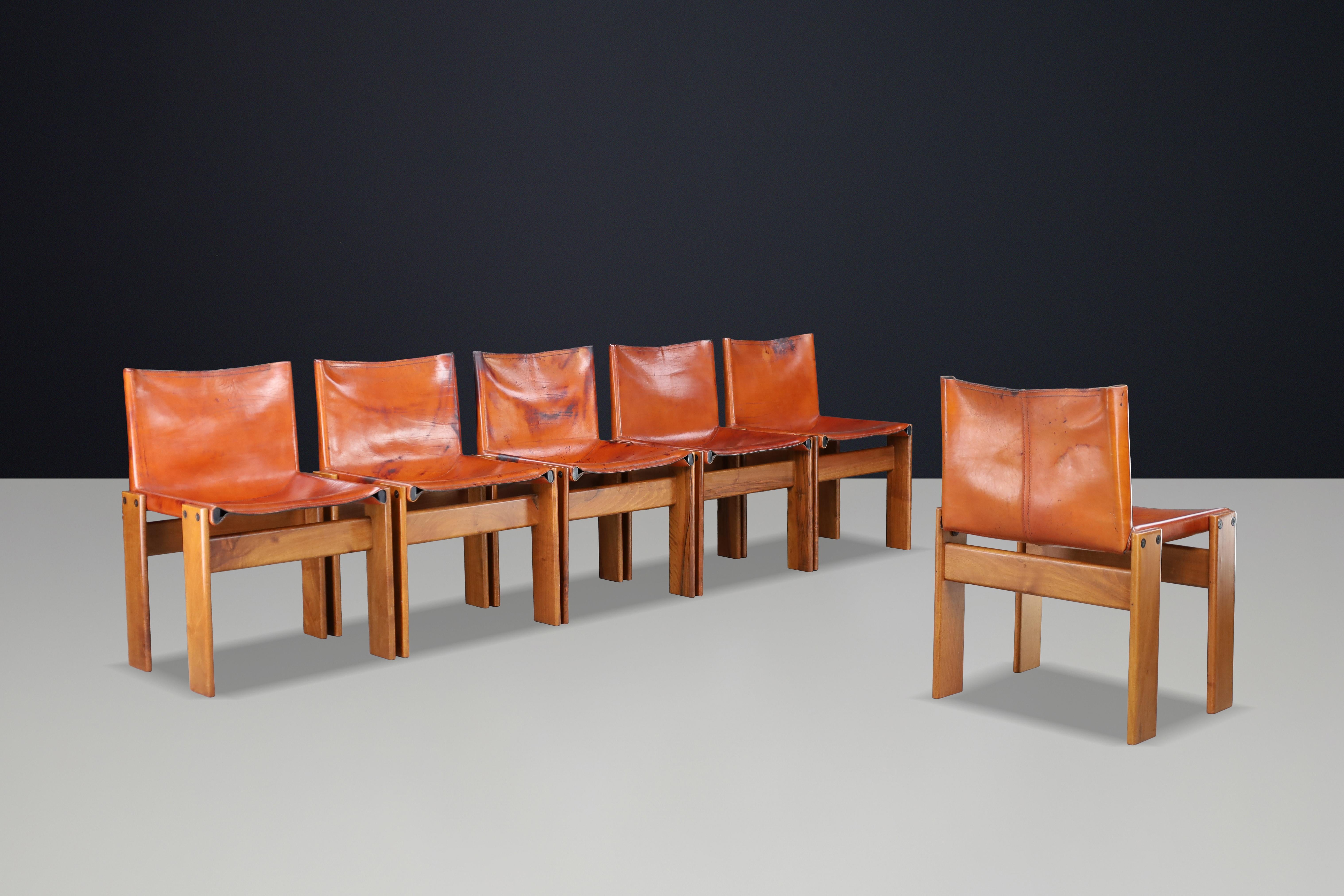 Italian Afra & Tobia Scarpa ‘Monk’ Chairs in Patinated Leather & Walnut Frame, 1974 For Sale
