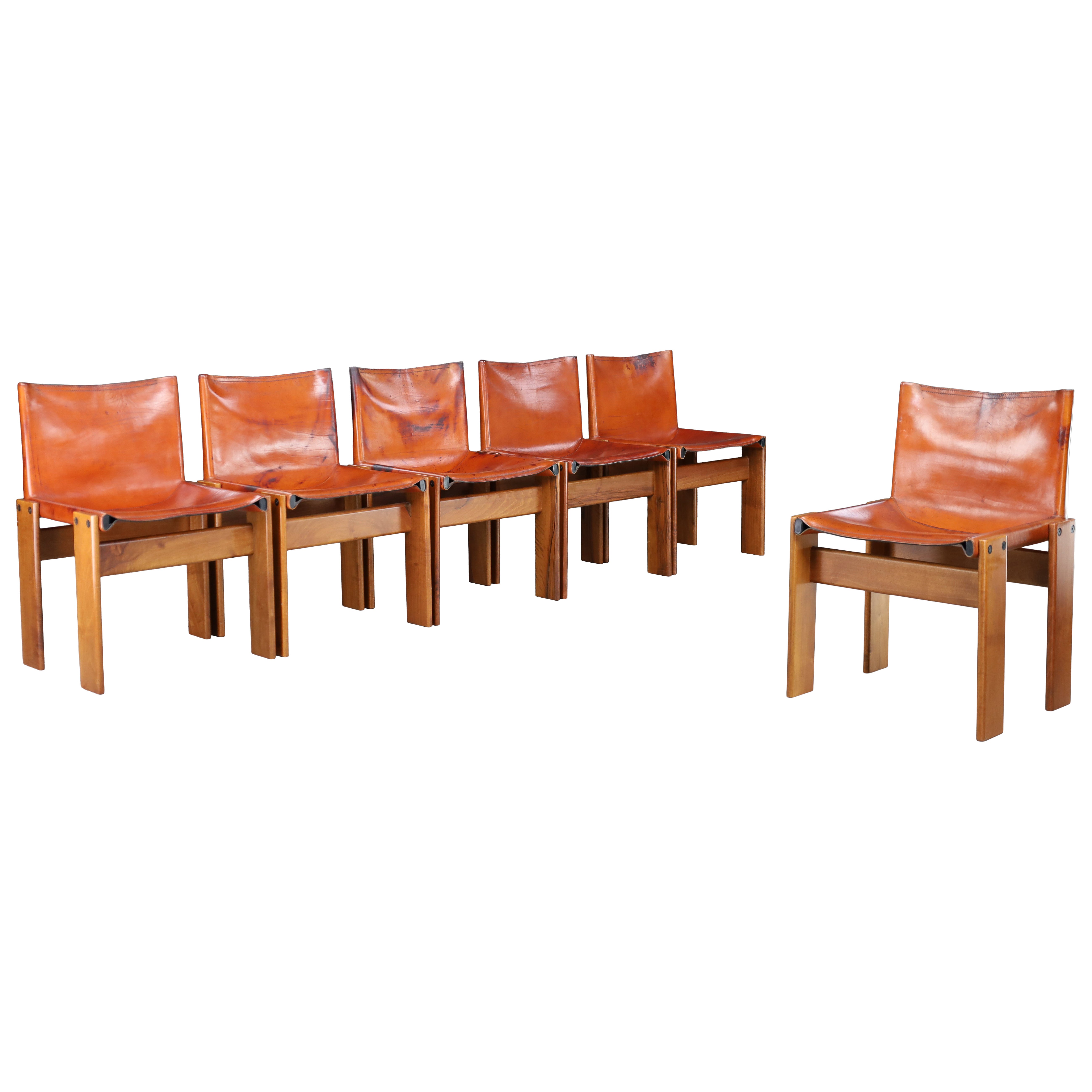 Afra 
Tobia Scarpa ‘Monk’ Chairs in Patinated Leather 
Walnut Frame, 1974 For Sale