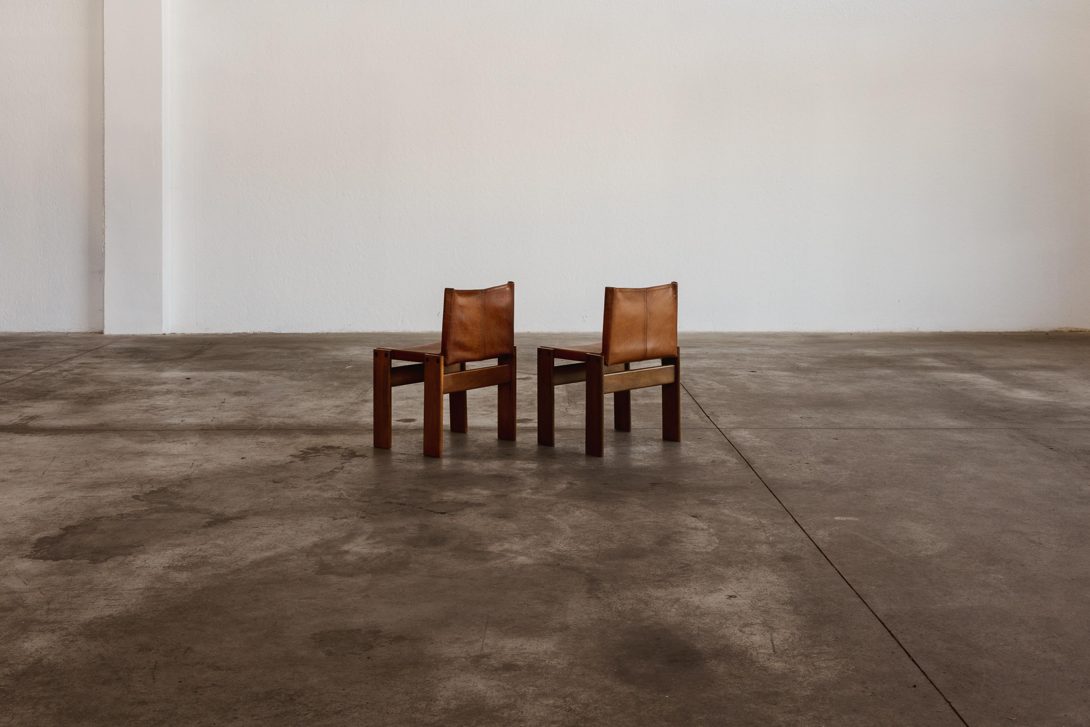 Afra & Tobia Scarpa „Monk“ Stühle für Molteni, Cognacfarbenes Leder, 1974, 2er-Set, Set (Italienisch) im Angebot